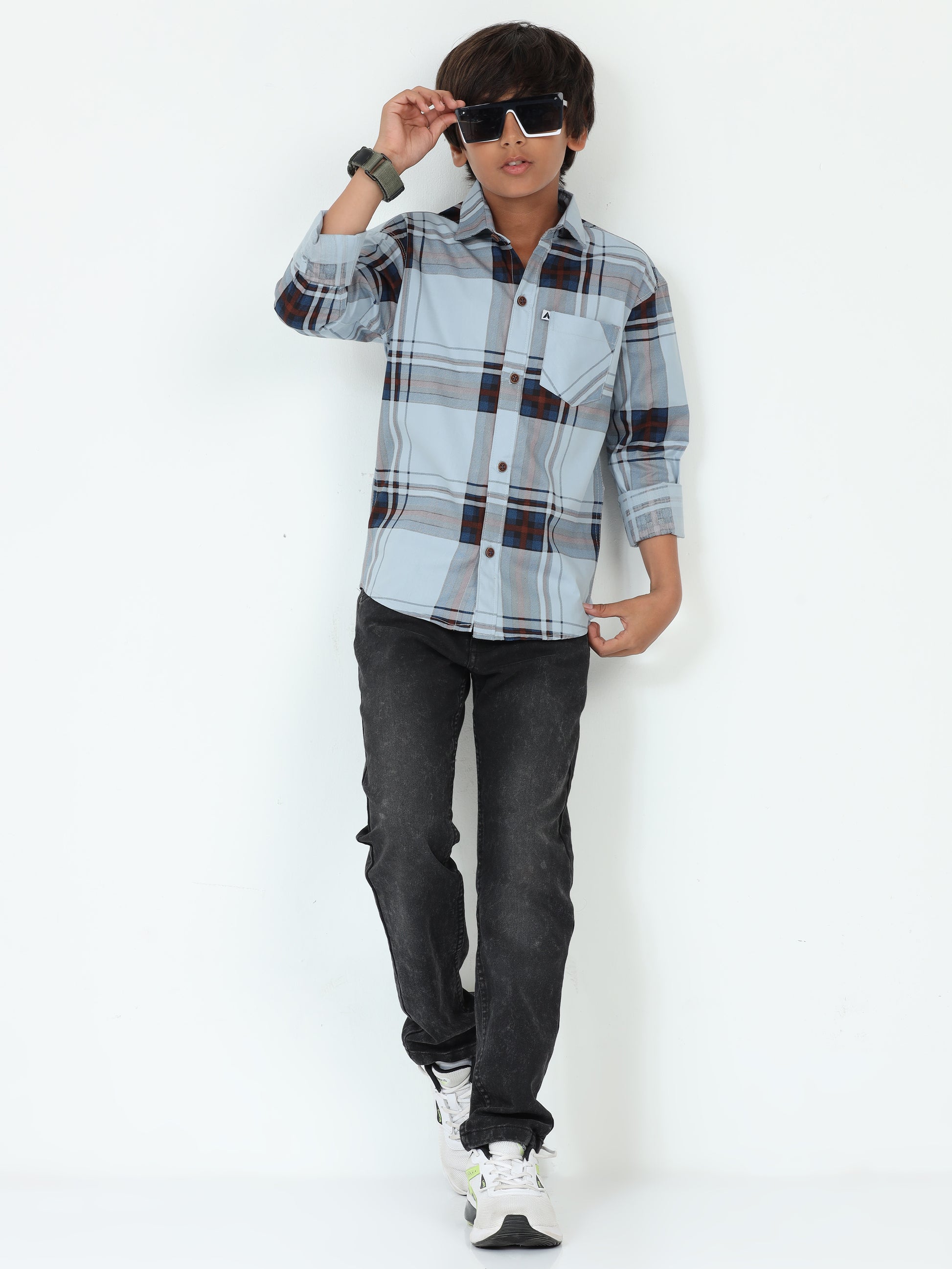 Aquablue Cotton Blend Broad Checked Kids Boys Shirts