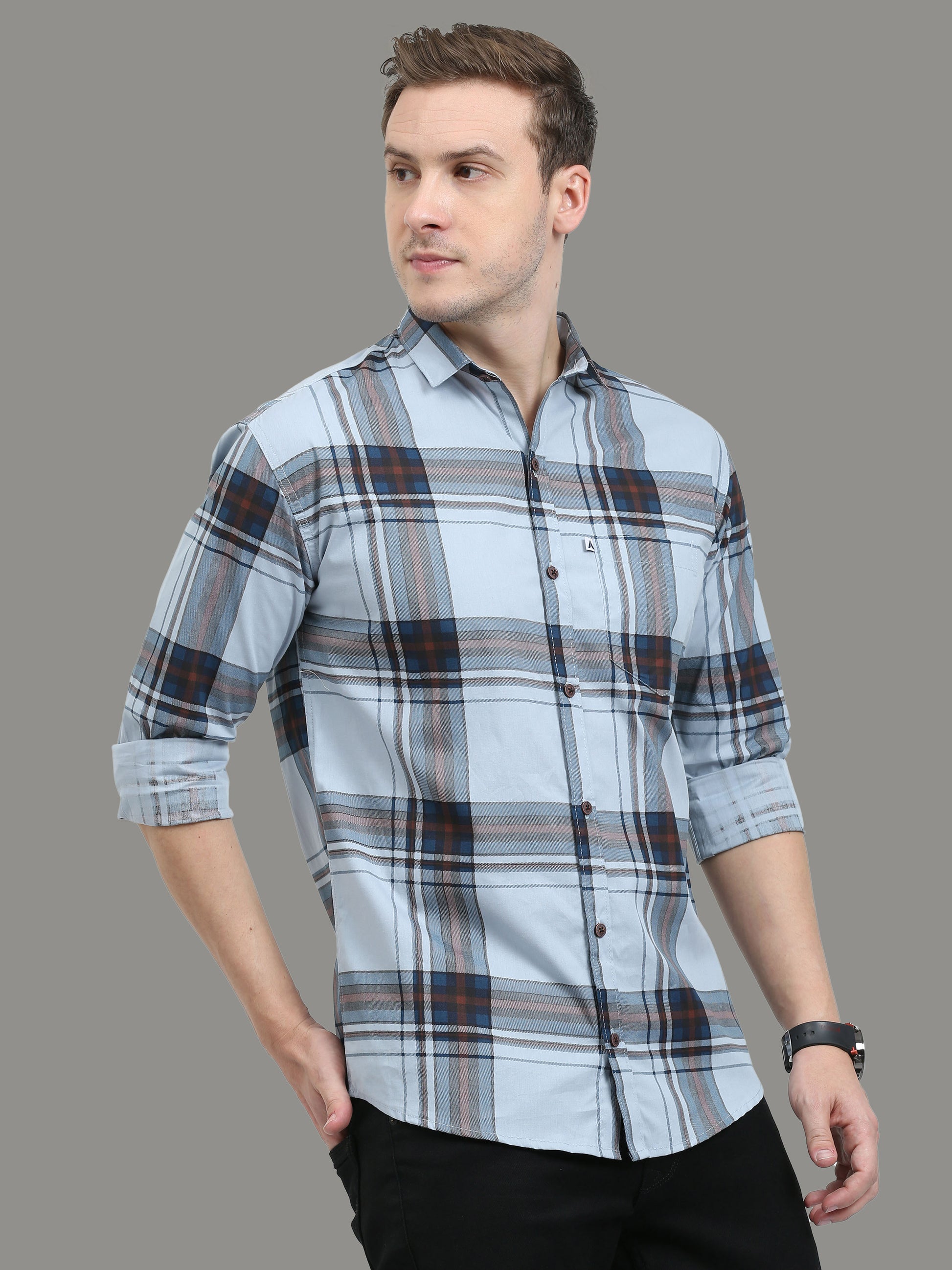 Aquablue Cotton Blend Broad Check Shirt for Men
