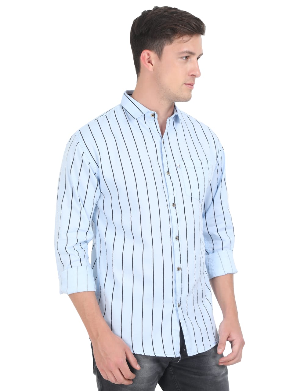 Man wearing a light blue striped shirt on a white background