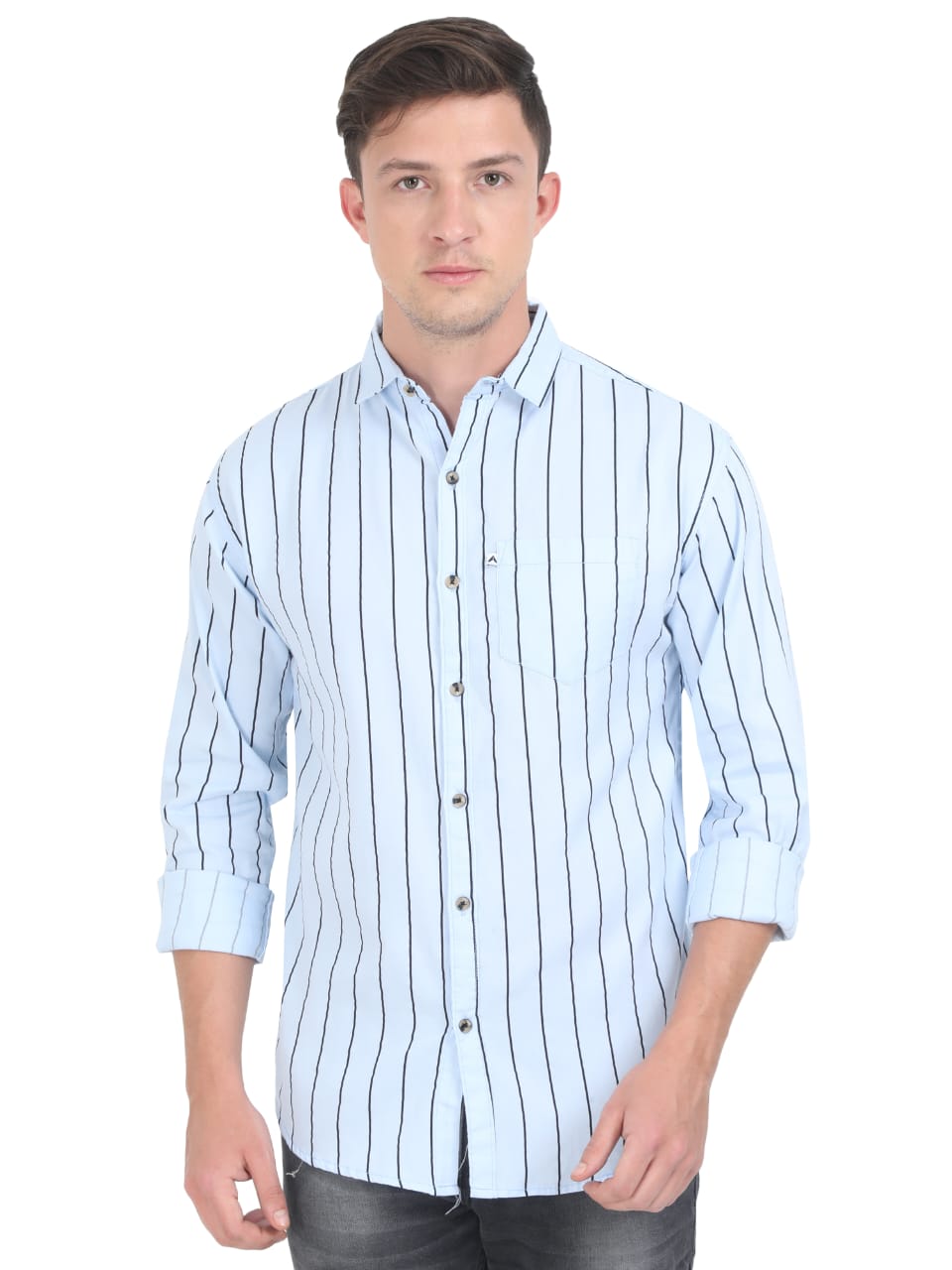 Man wearing a light blue striped shirt on a white background