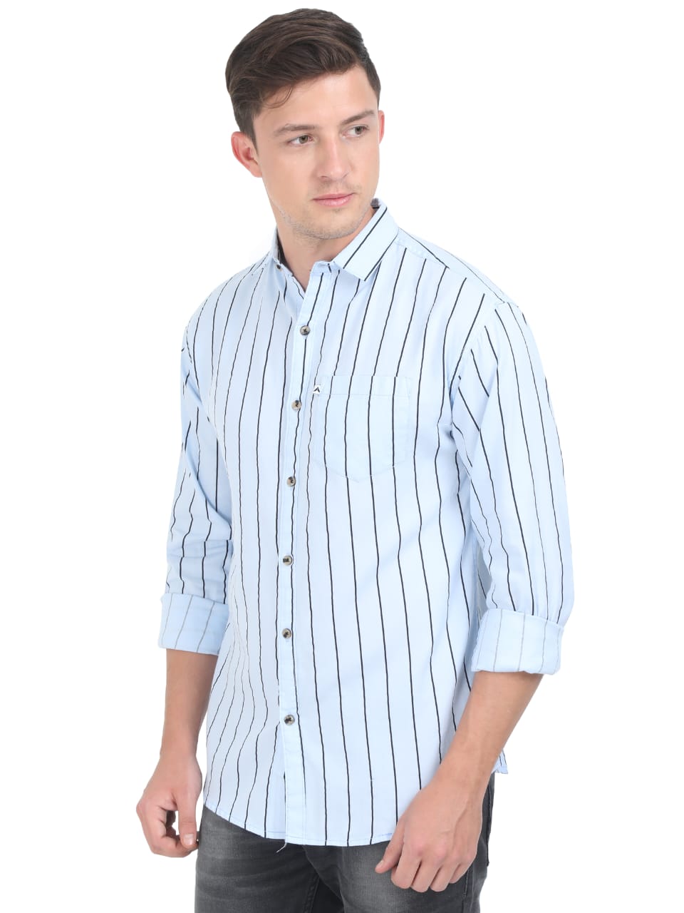 Man wearing a light blue striped shirt on a white background