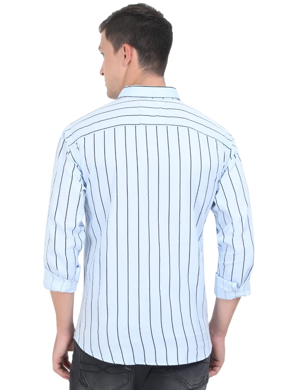 Man wearing a light blue striped shirt on a white background