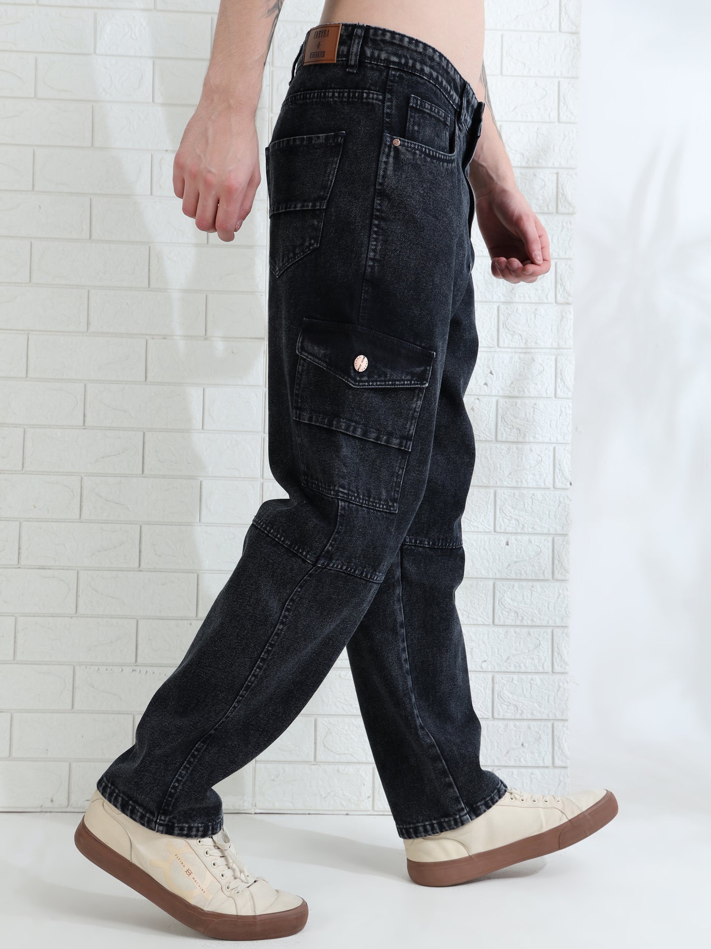 Trendy men's black denim pants with classic five pocket design