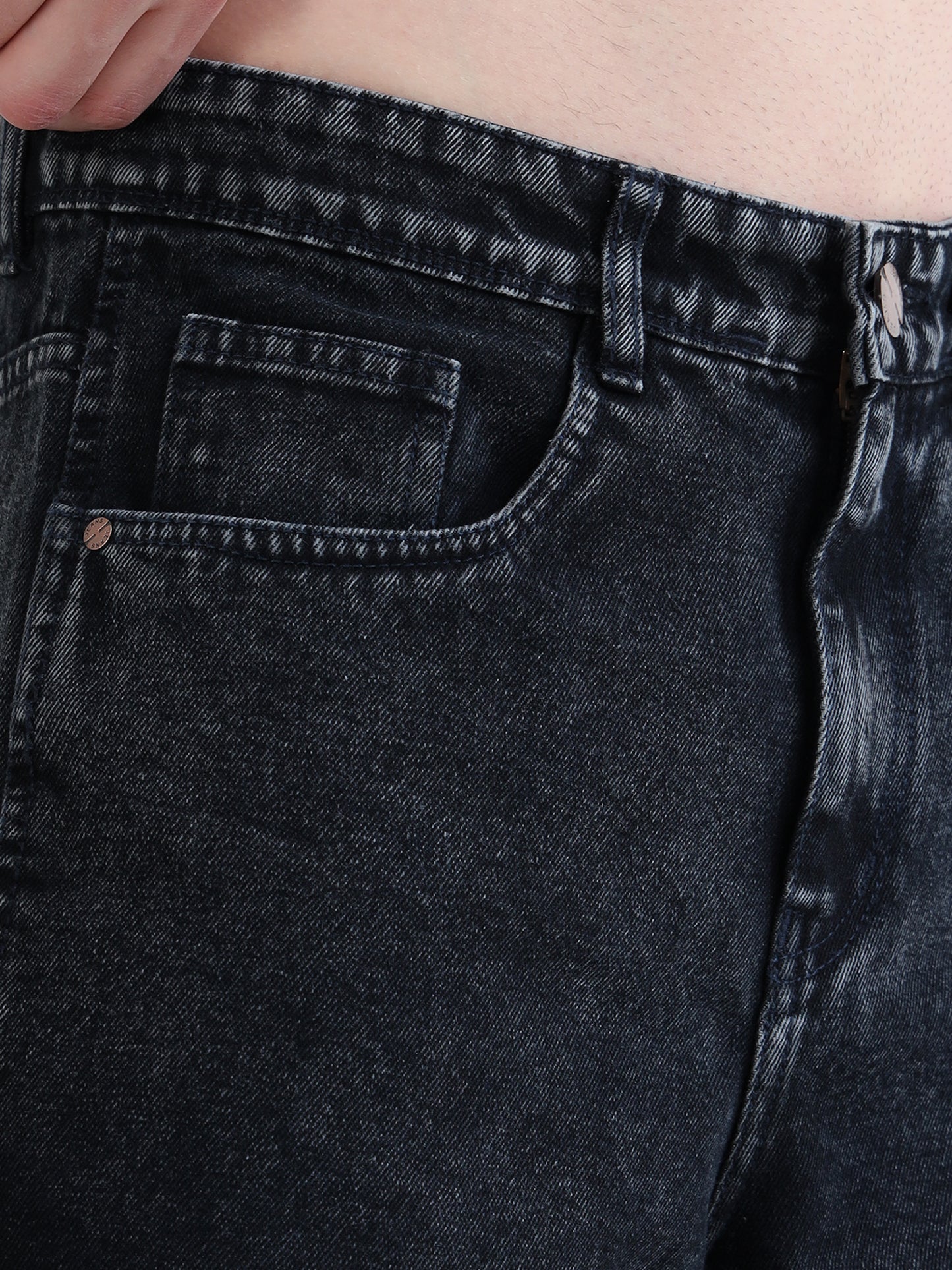 Fashionable men's straight leg jeans with subtle fade and durable fabric