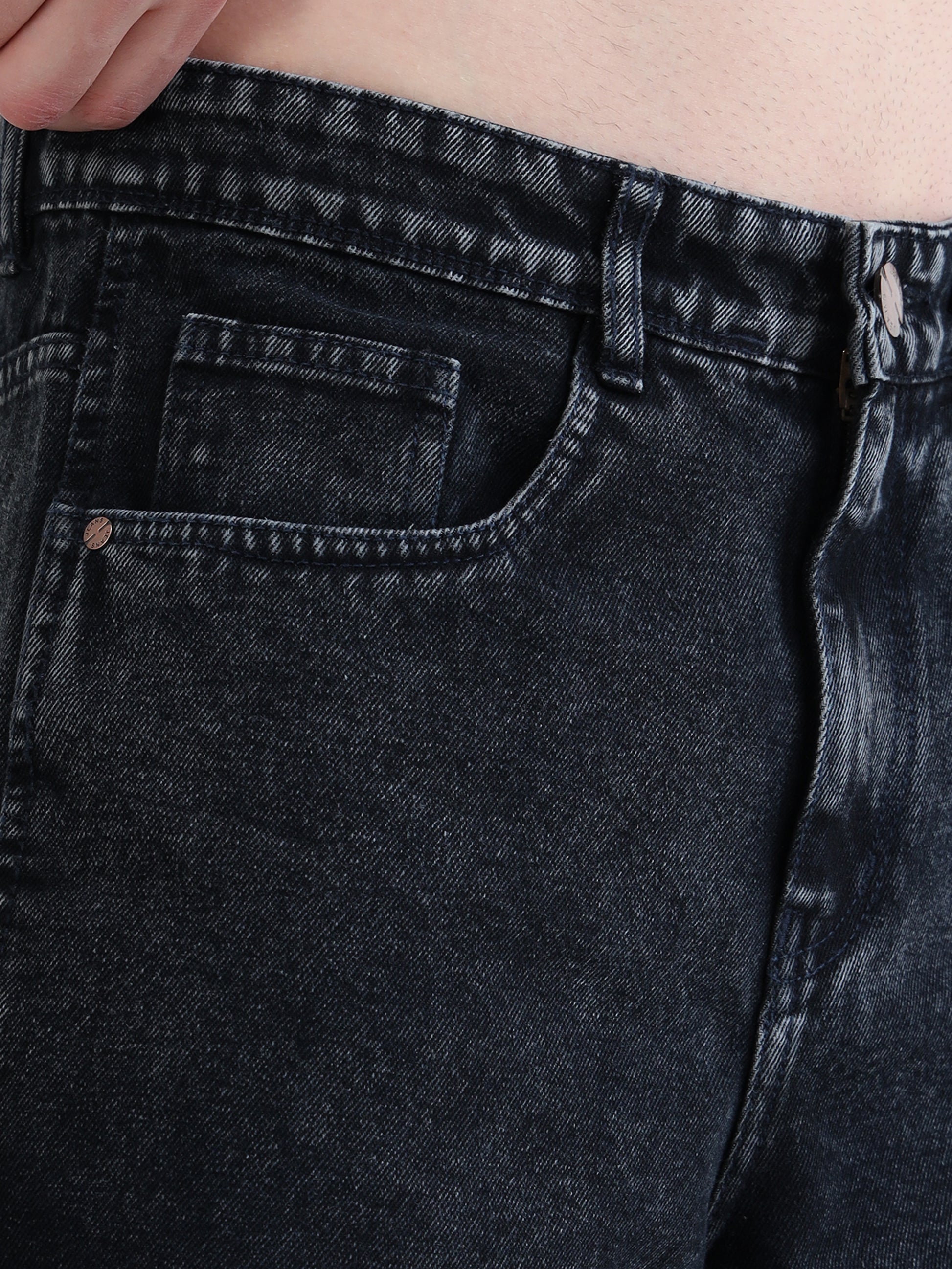 Fashionable men's straight leg jeans with subtle fade and durable fabric