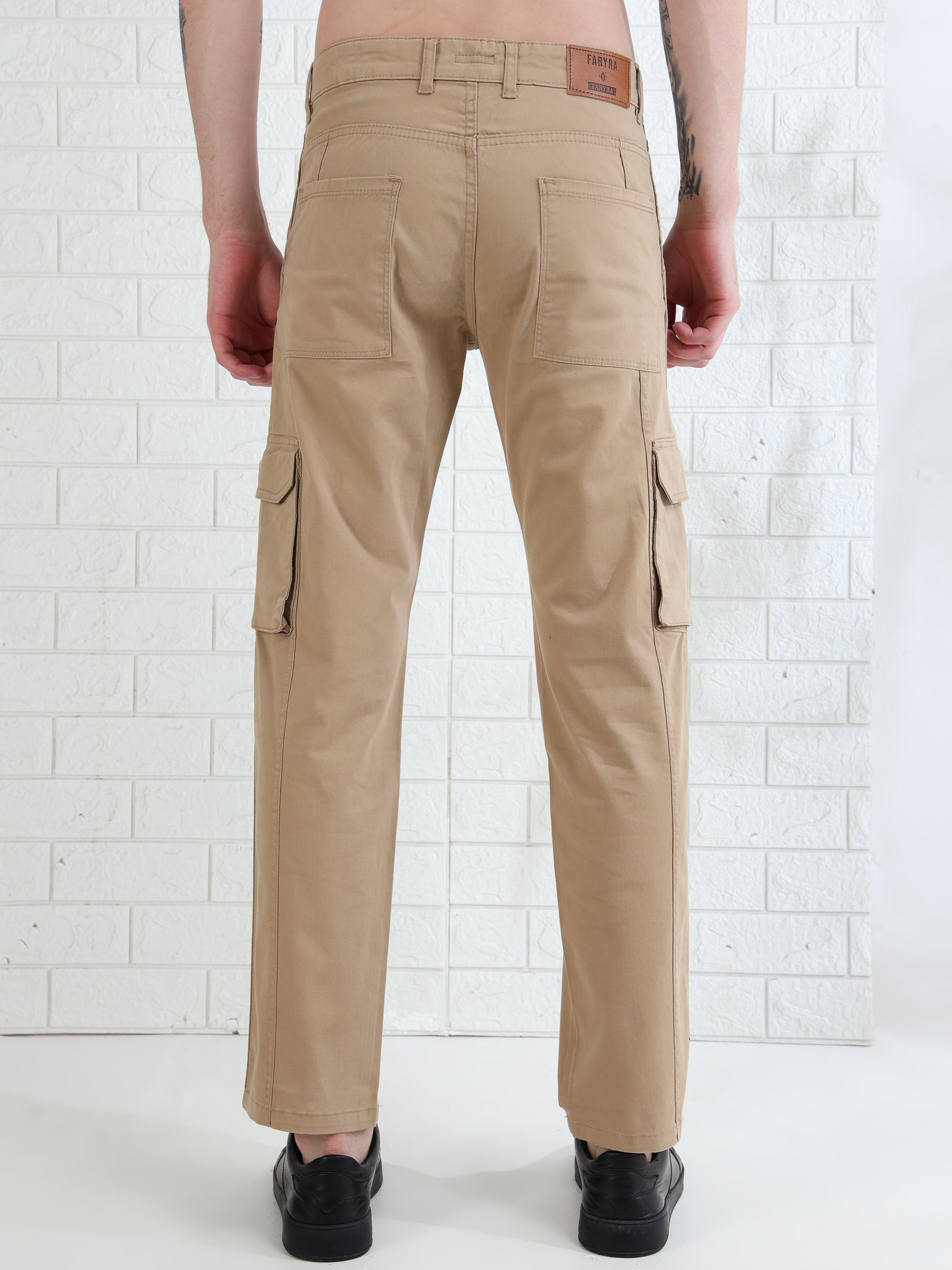 Men's beige cotton cargo pants with side flap pockets and straight fit