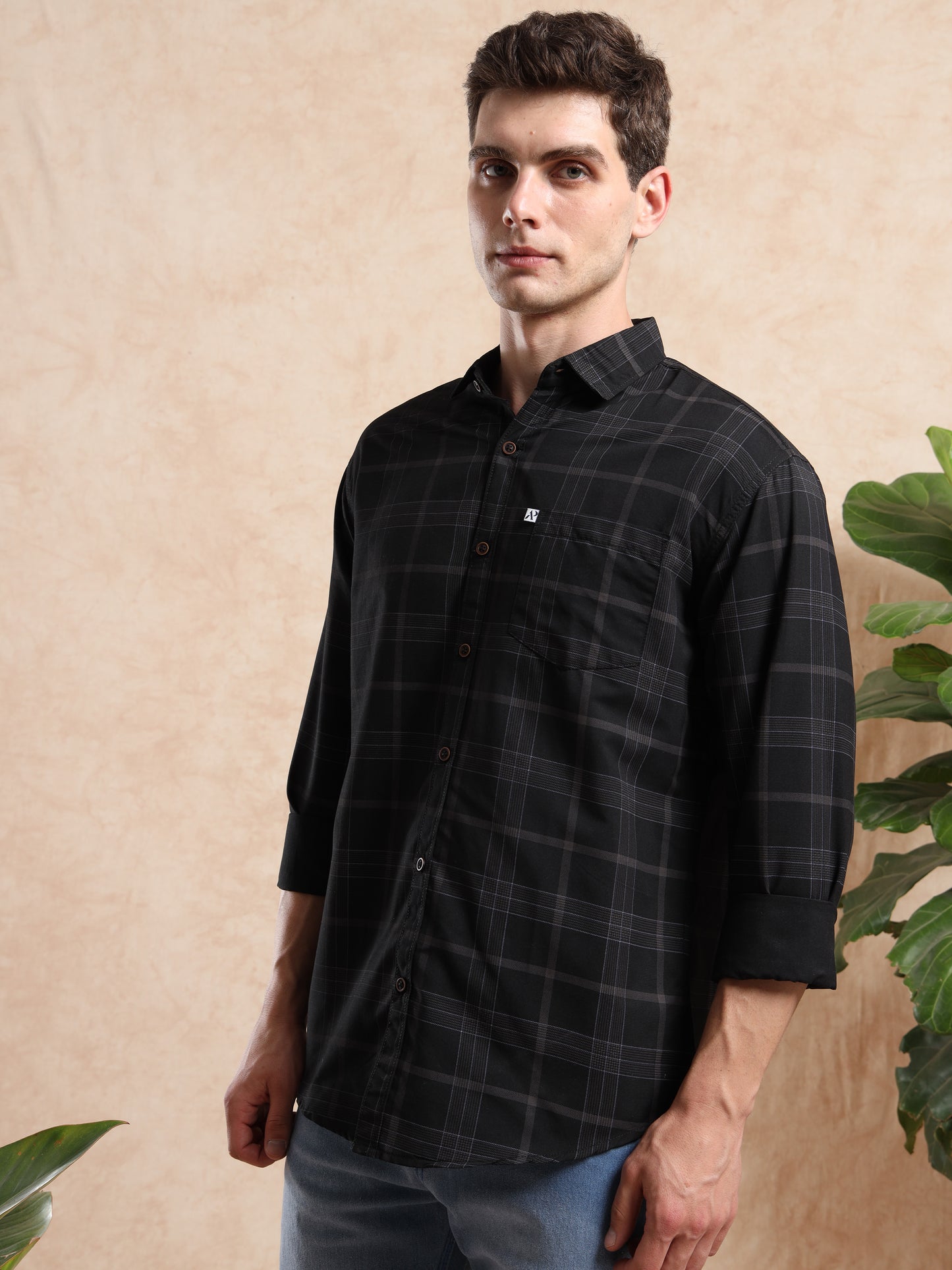 Men, Black Plaid Shirt, Casual Outfit with Full Sleeves