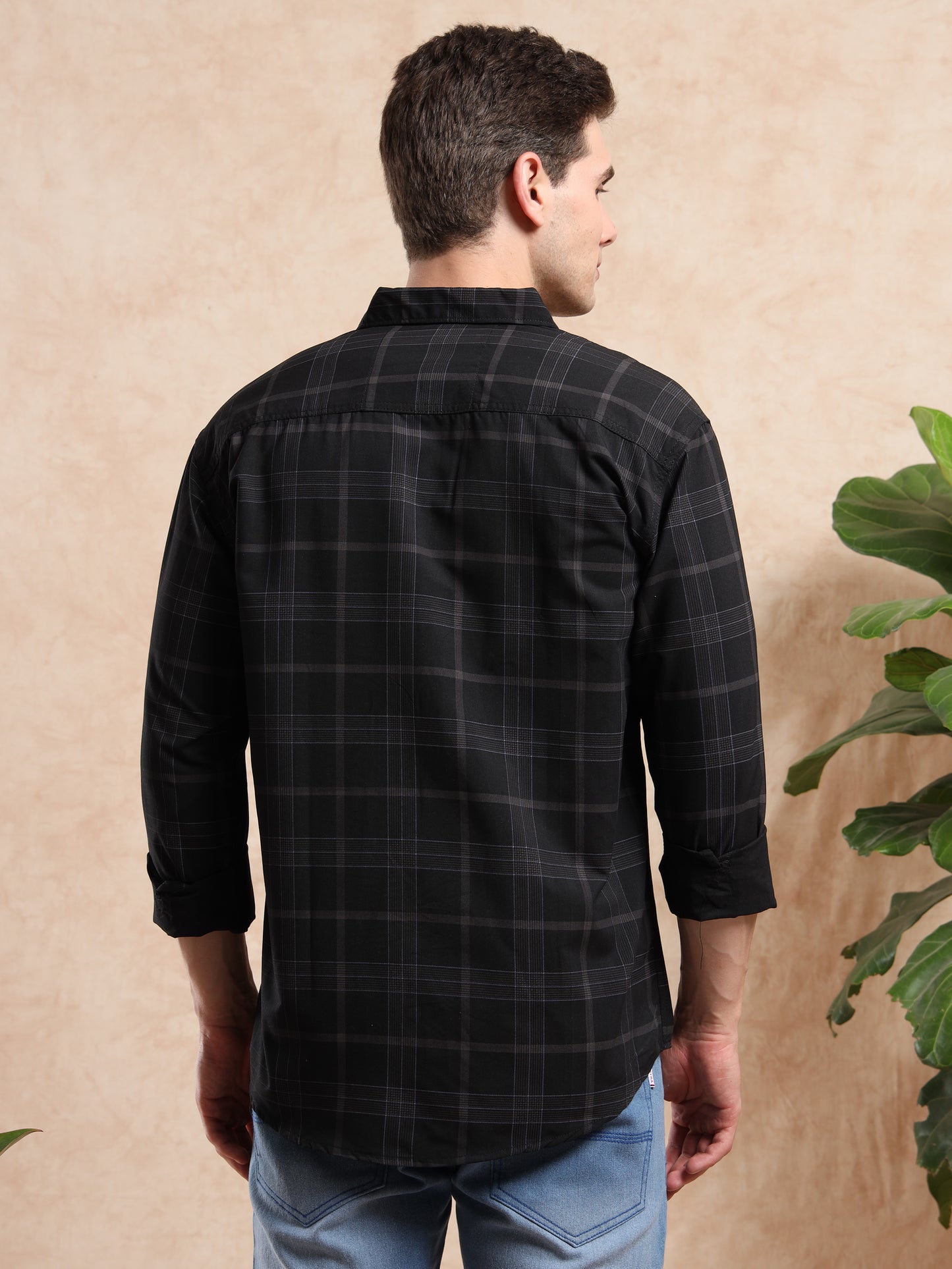 Men, Black Checked Shirt, Casual Slim Fit Style