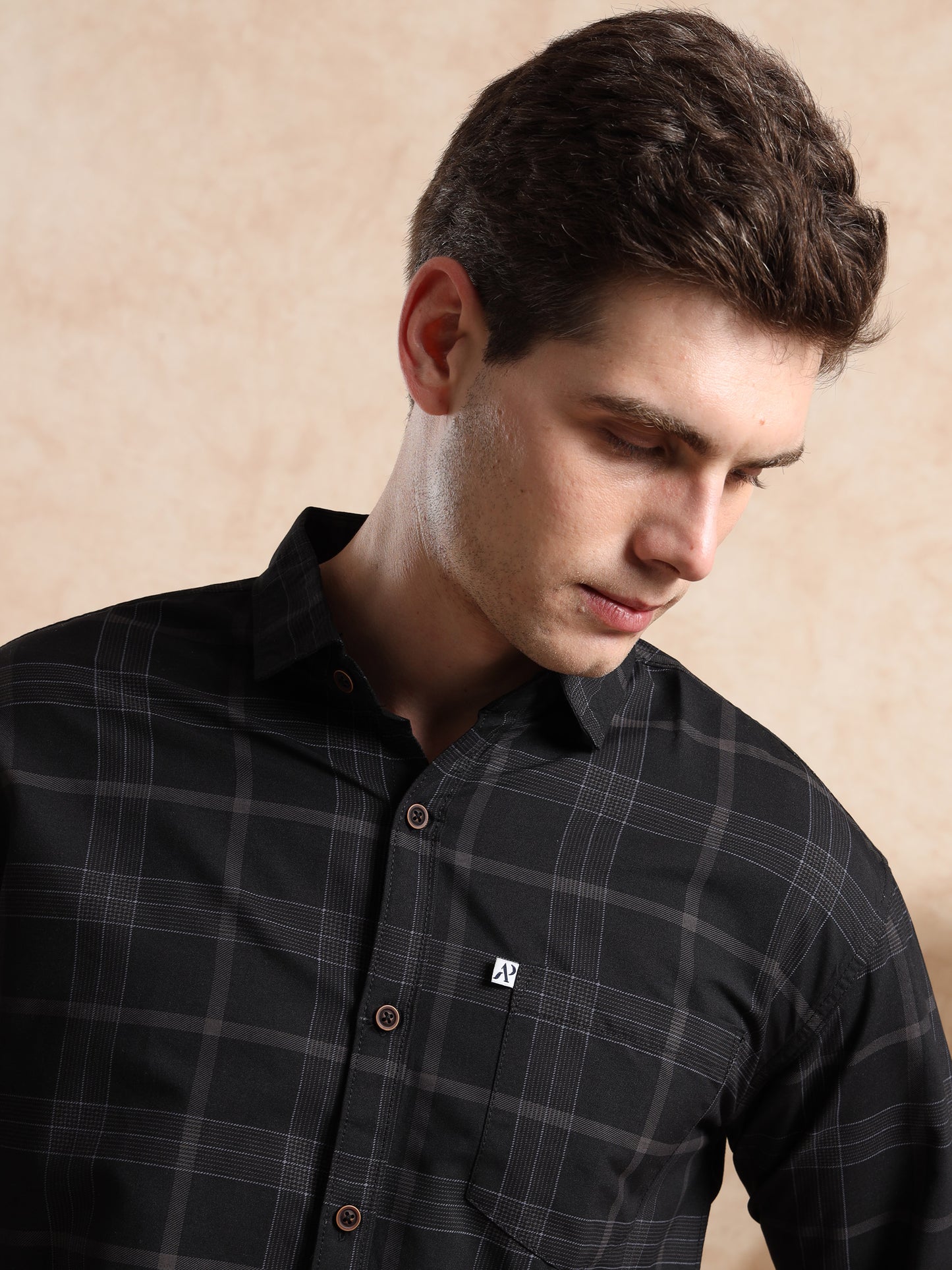 Black Plaid Shirt with Pocket and Button Details
