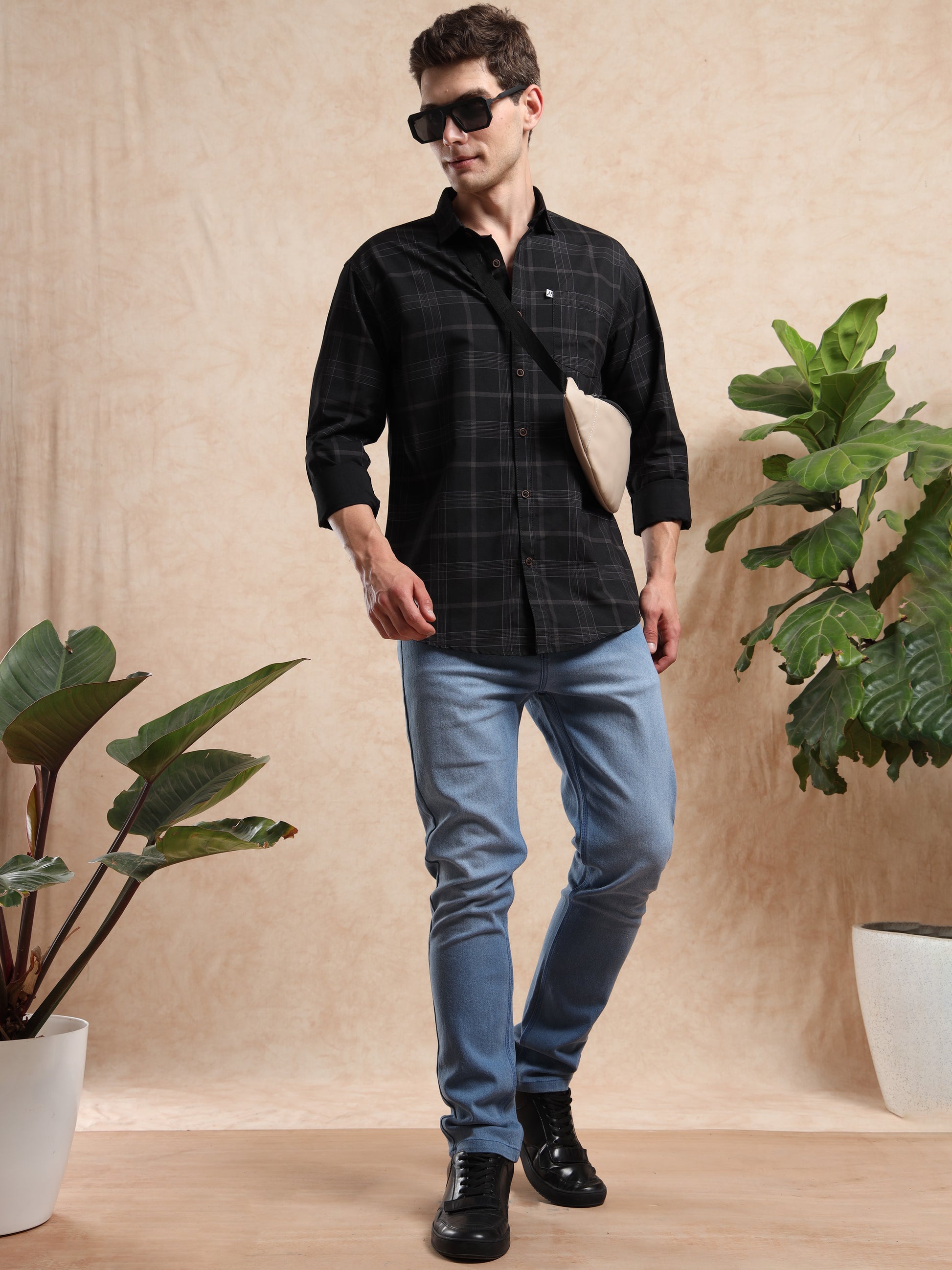 Men, Black Check Shirt Styled with Blue Jeans and Sneakers