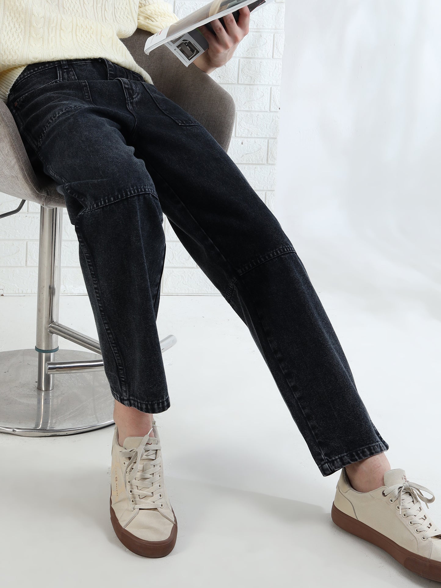 Men's black washed denim jeans with straight fit and modern casual style