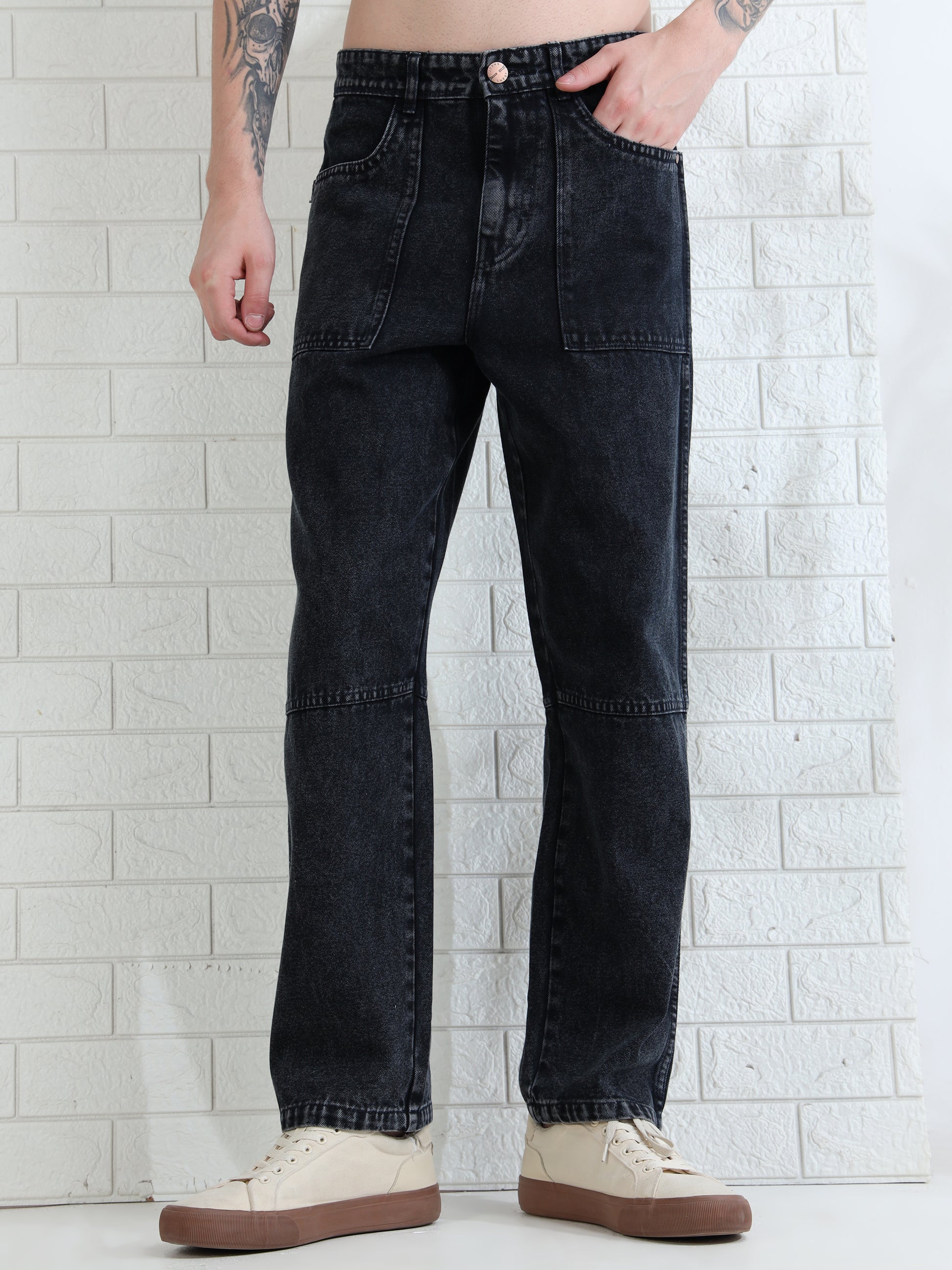 Trendy men's black denim pants with classic five pocket design