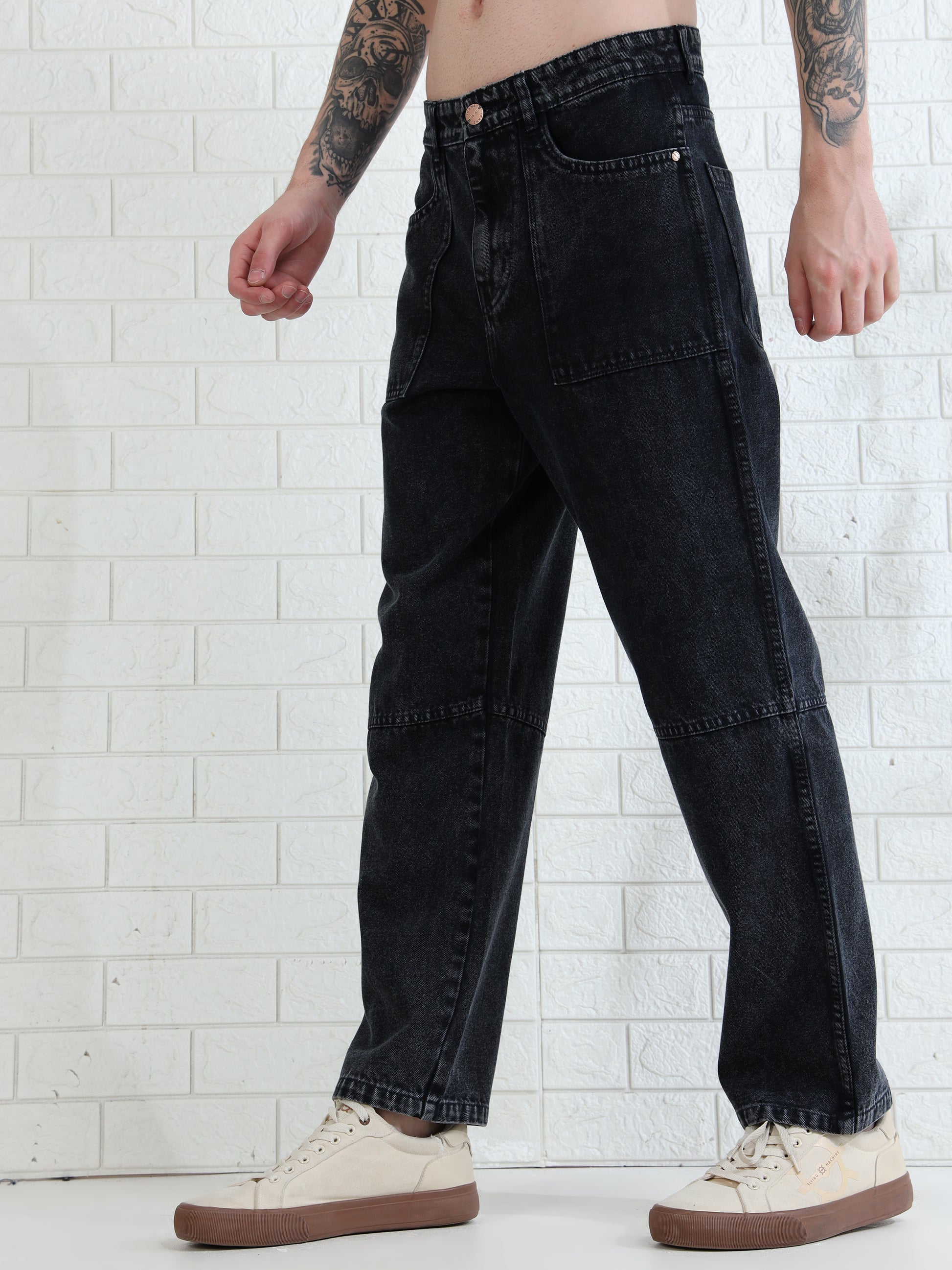 Trendy men's black denim pants with classic five pocket design