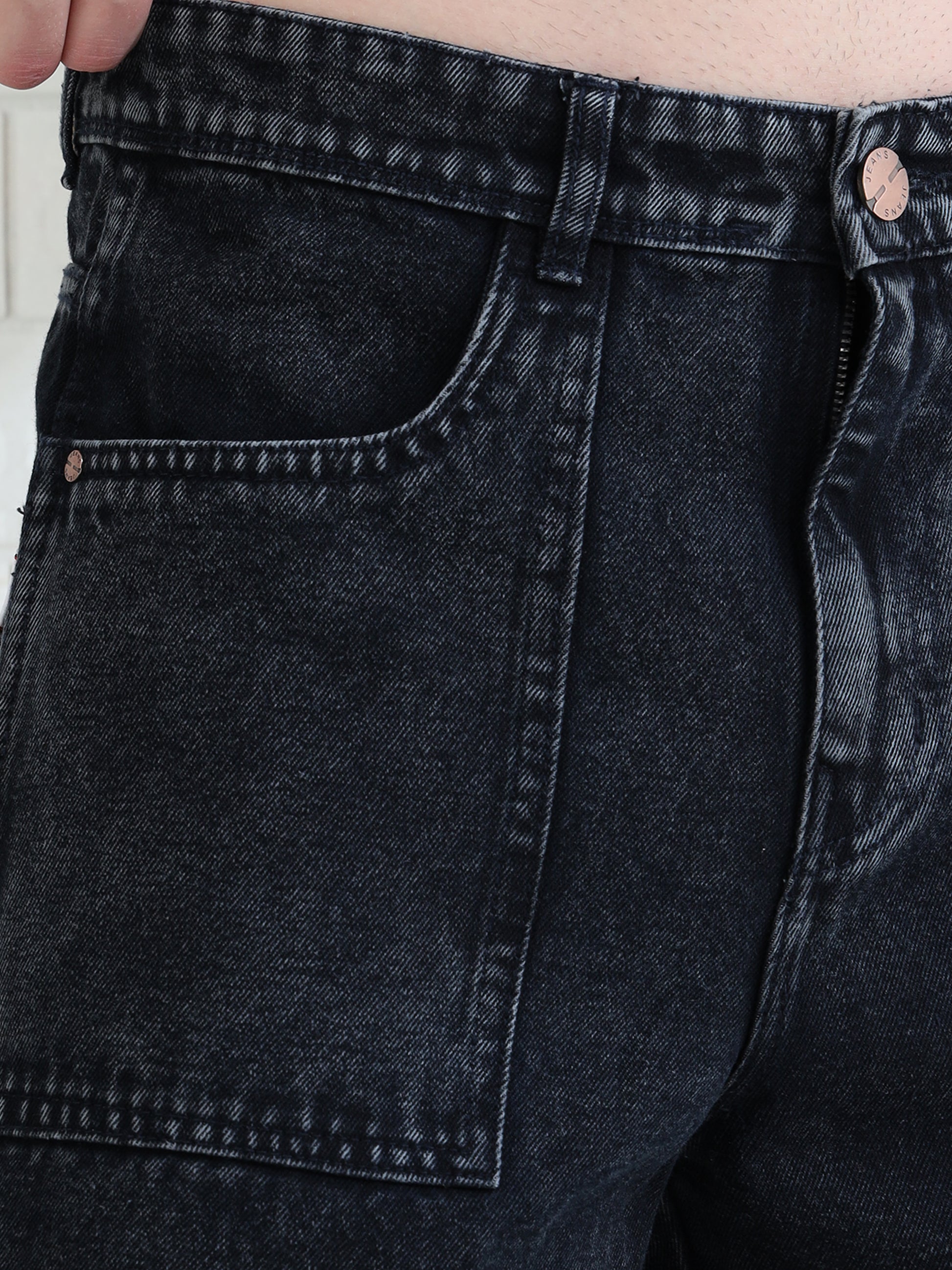 Men's black washed denim jeans with straight fit and modern casual style