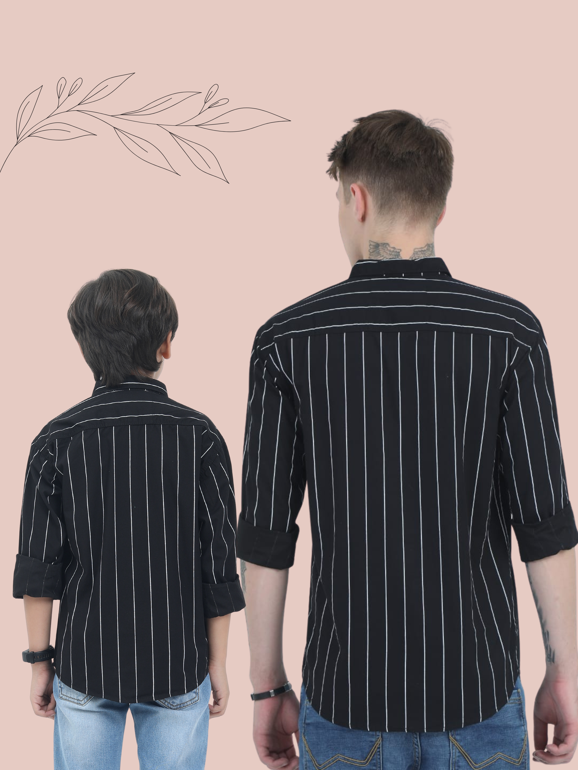 Two people wearing black pinstripe shirts on a beige background
