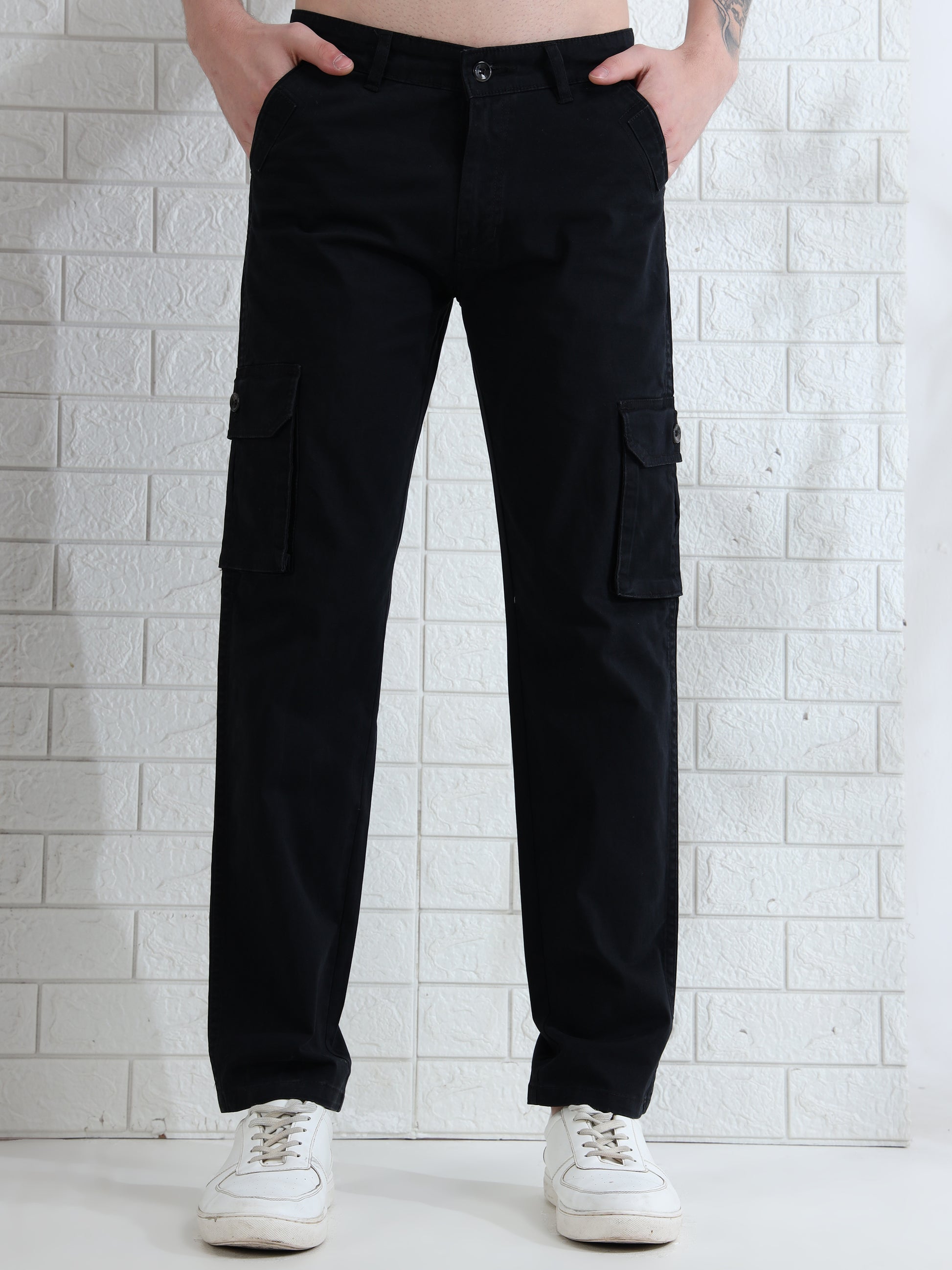 Trendy men's cotton cargo pants with flap pockets and everyday wear style