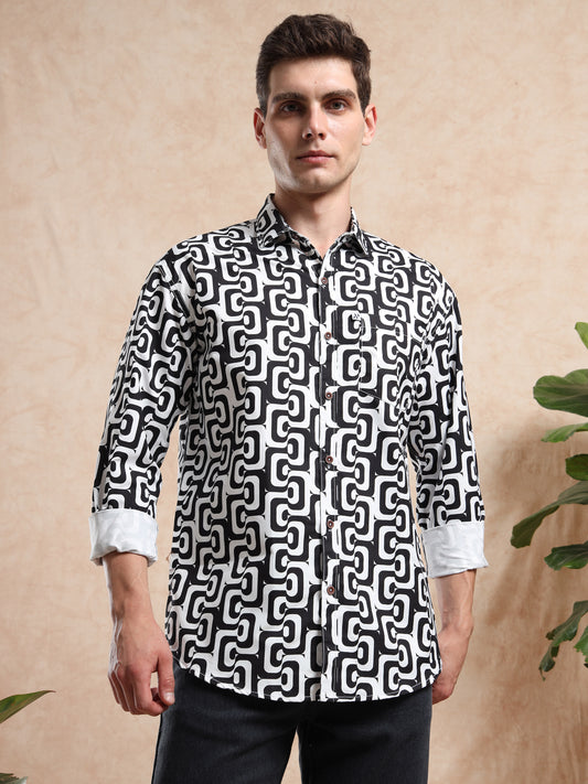 Mens black and white geometric print casual shirt with full sleeves