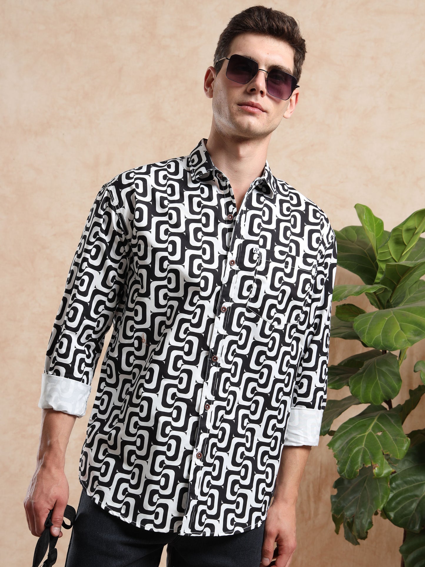 Stylish men, black and white printed shirt with bold geometric design