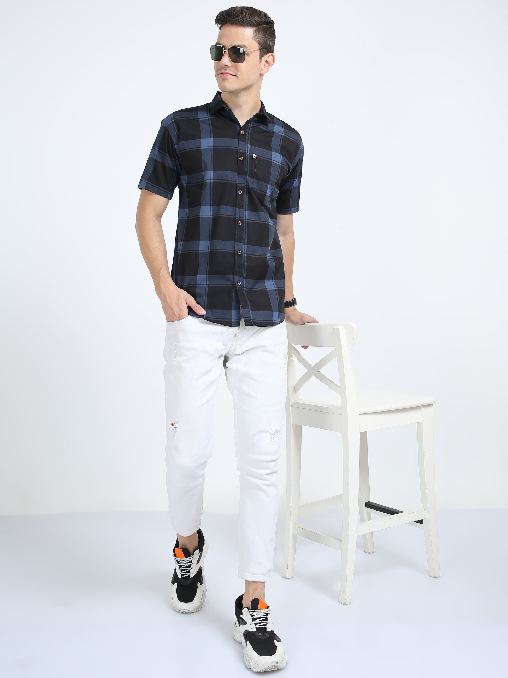 Half Sleeve Tartan Plaid Shirt Blue for Men Regular Fit