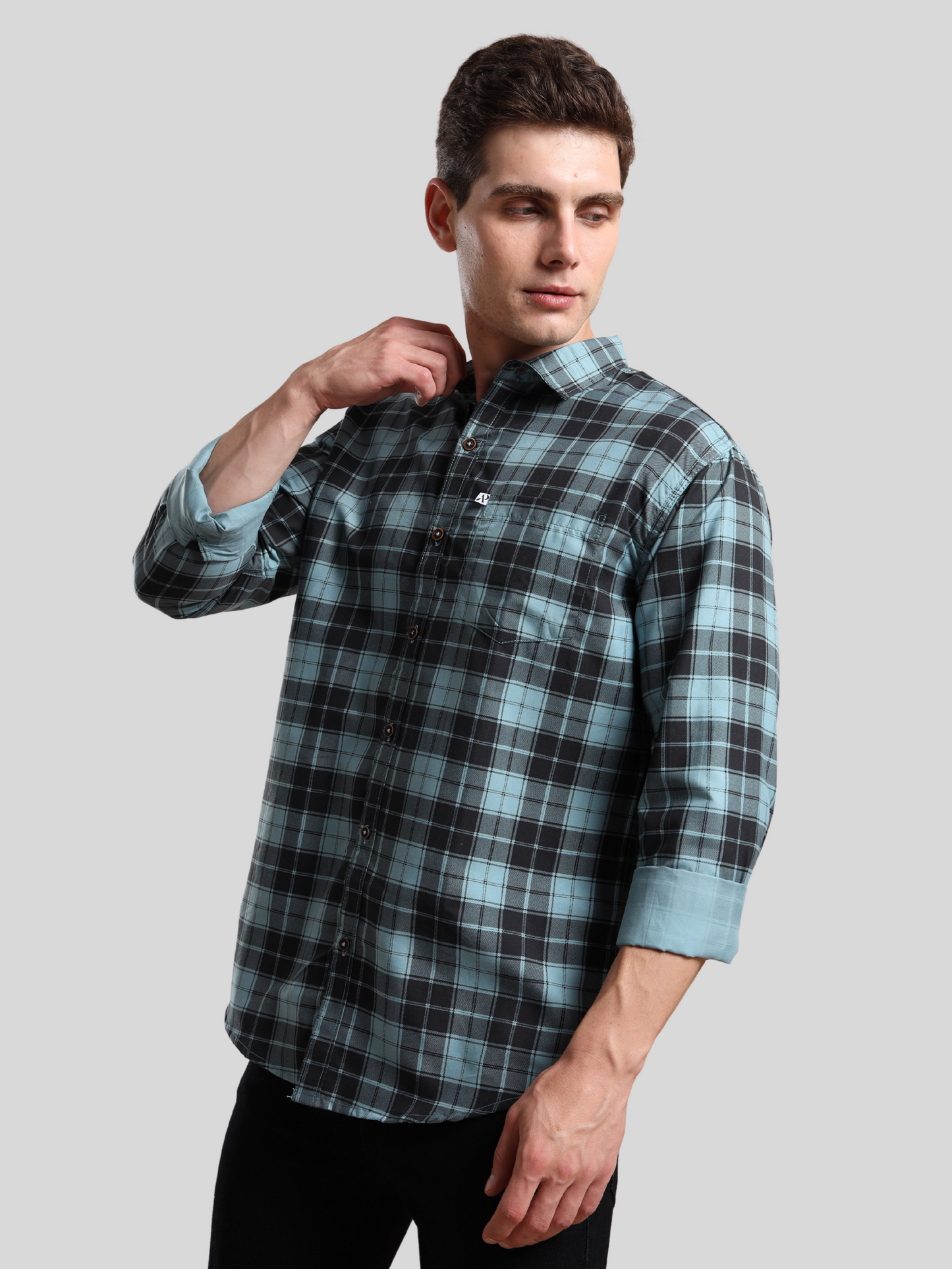 Mens aqua blue and black checked cotton shirt with full sleeves