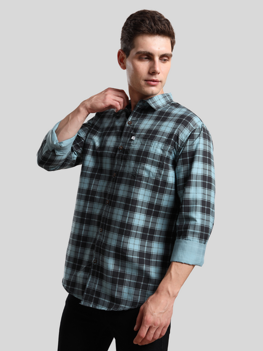Menâ€™s aqua blue and black checked cotton shirt with full sleeves