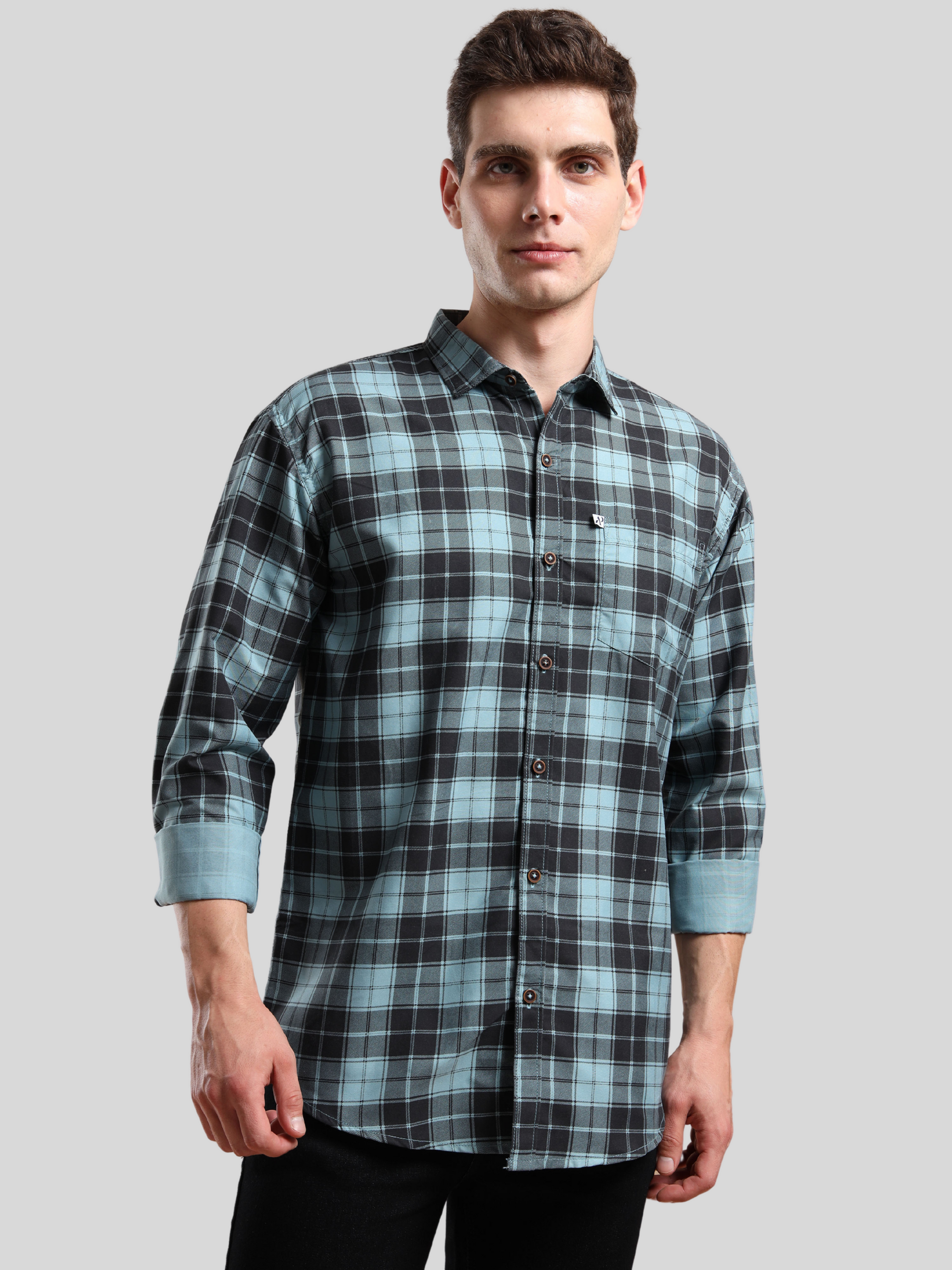 men, aqua blue and black checked shirt