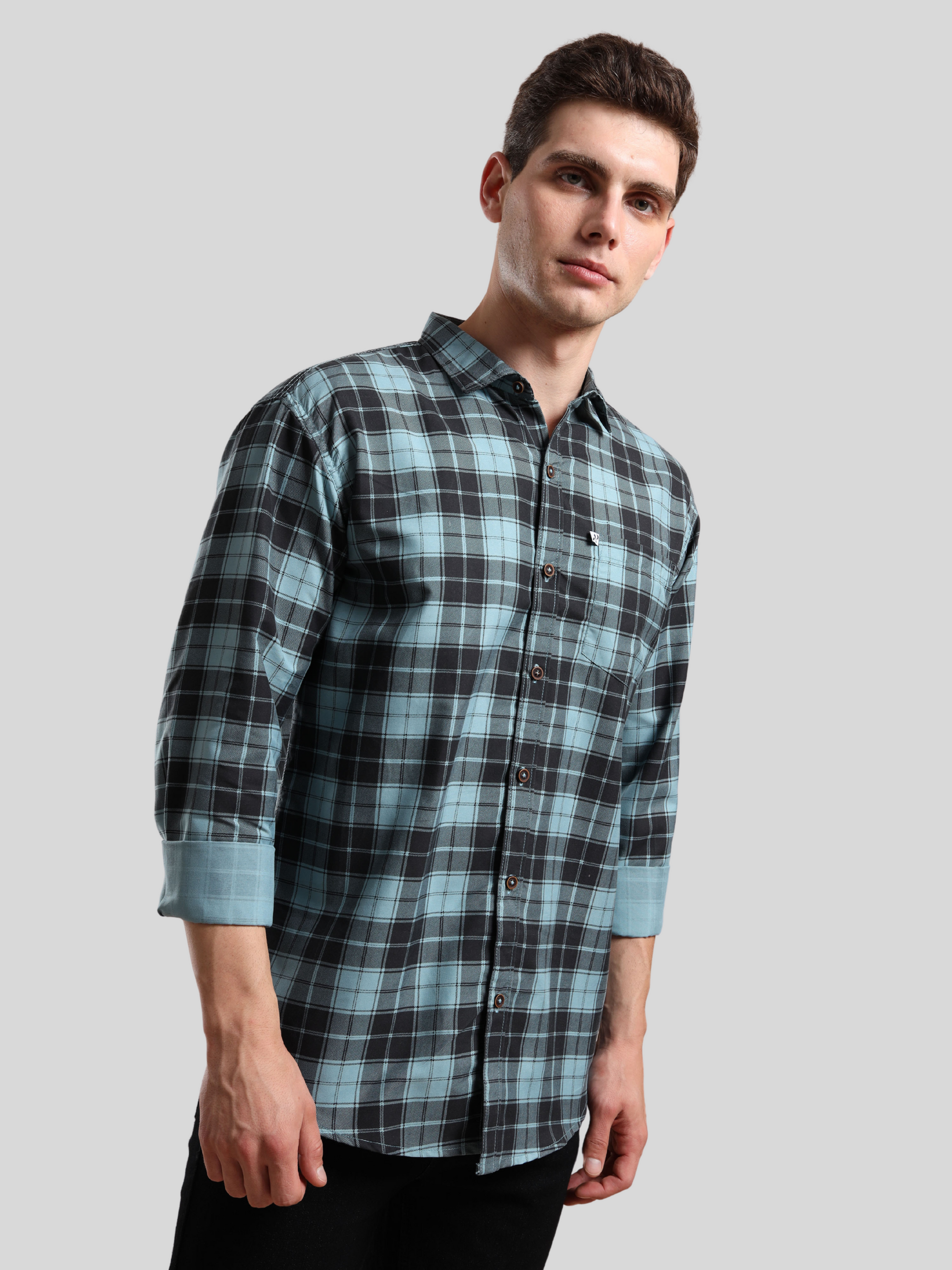 Stylish casual aqua blue checked shirt for men