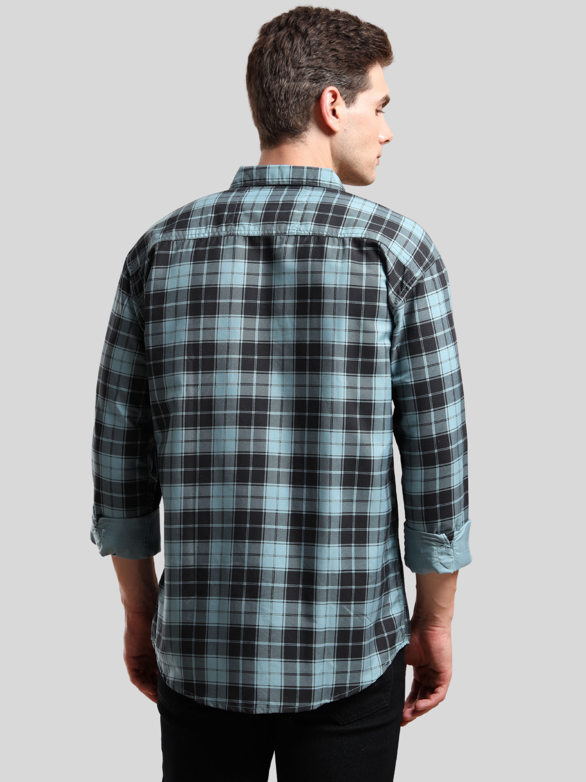 men, aqua blue and black plaid shirt with long sleeves