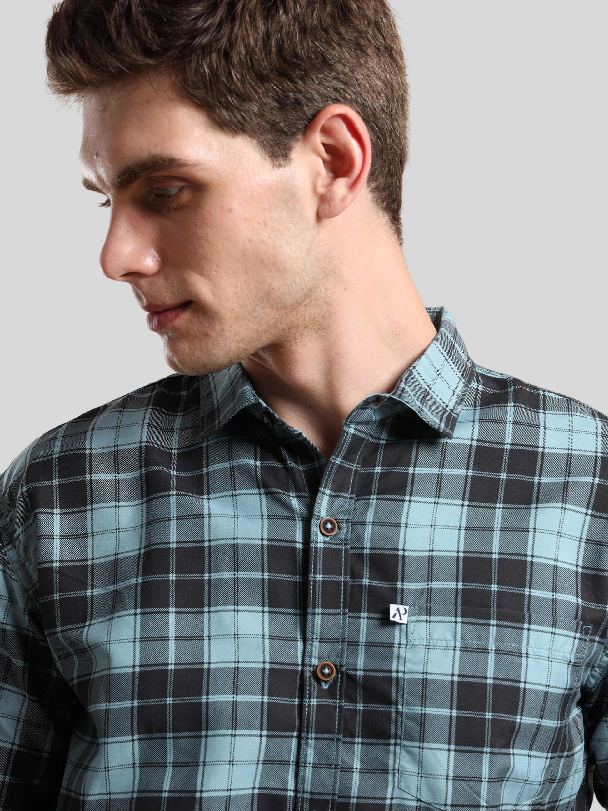 aqua blue checked shirt