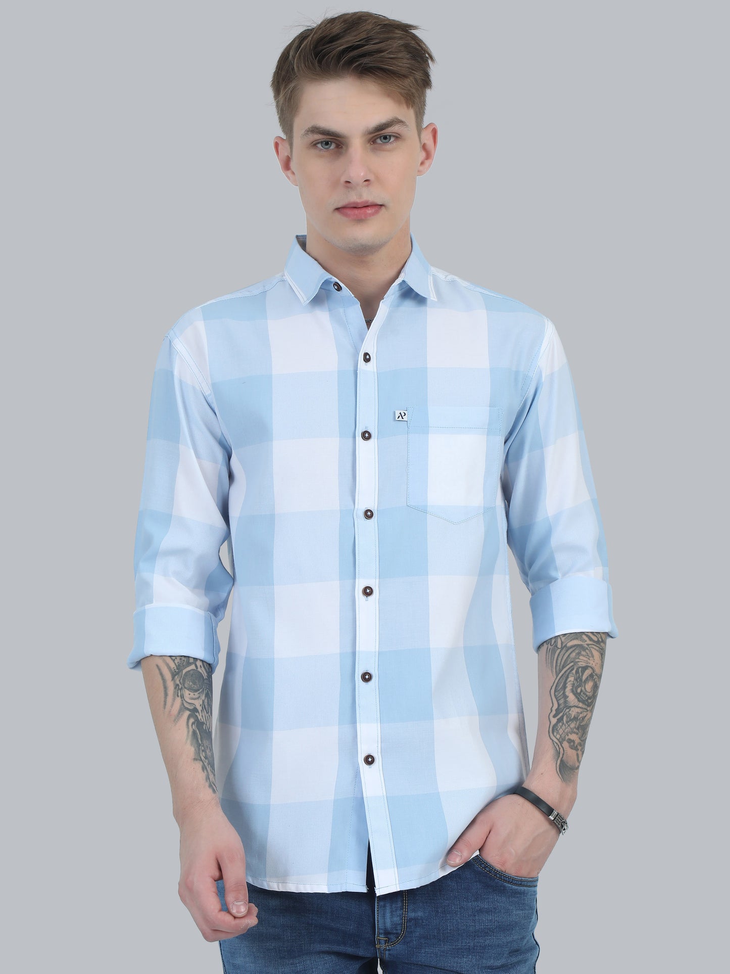  Tomlight Cotton Blend Blue Check Shirt for Men