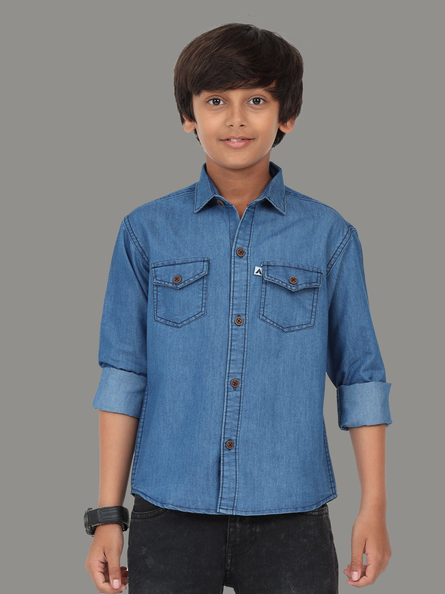 Mid Blue Double Pocket Cut Away Collor Denim New Style Shirt Boy
