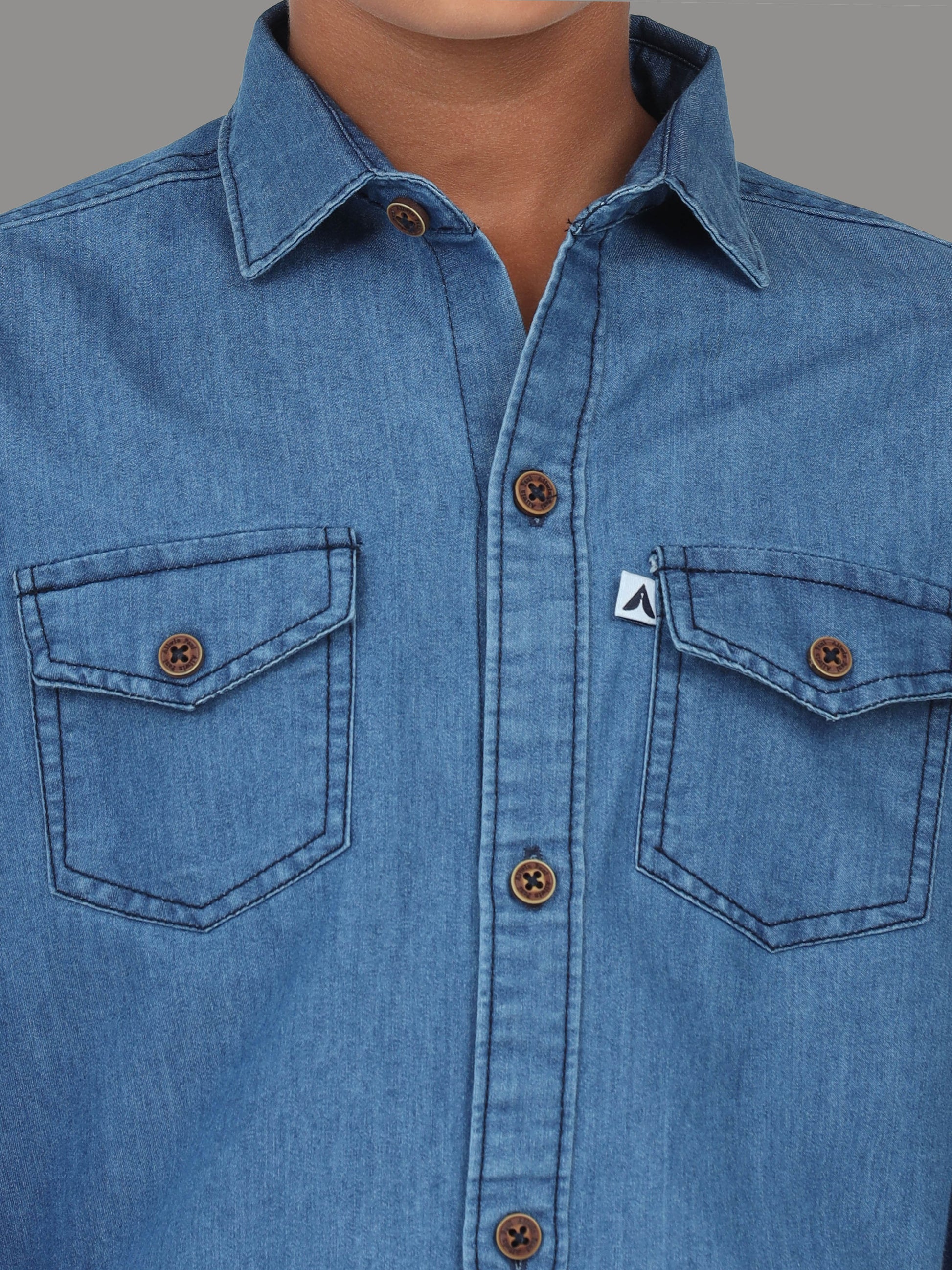 Mid Blue Double Pocket Cut Away Collor Denim New Style Shirt Boy