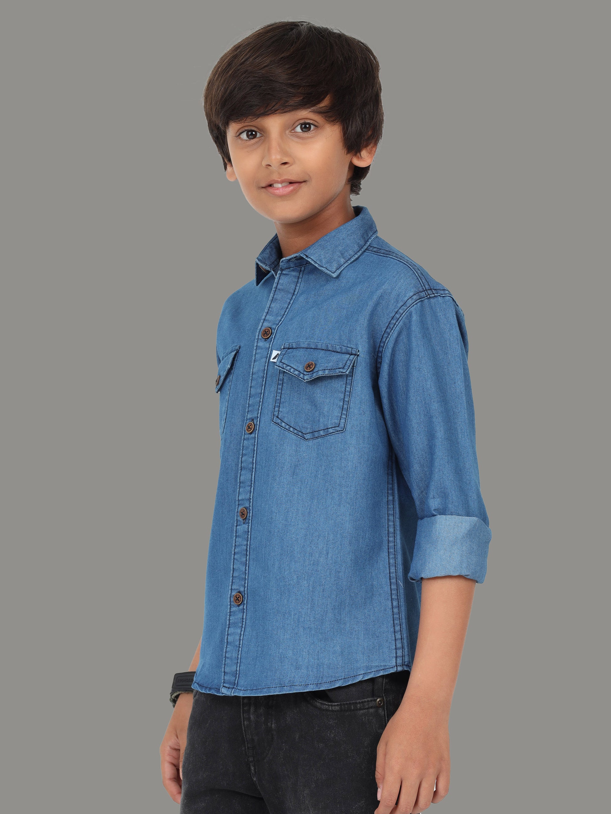 Mid Blue Double Pocket Cut Away Collor Denim New Style Shirt Boy
