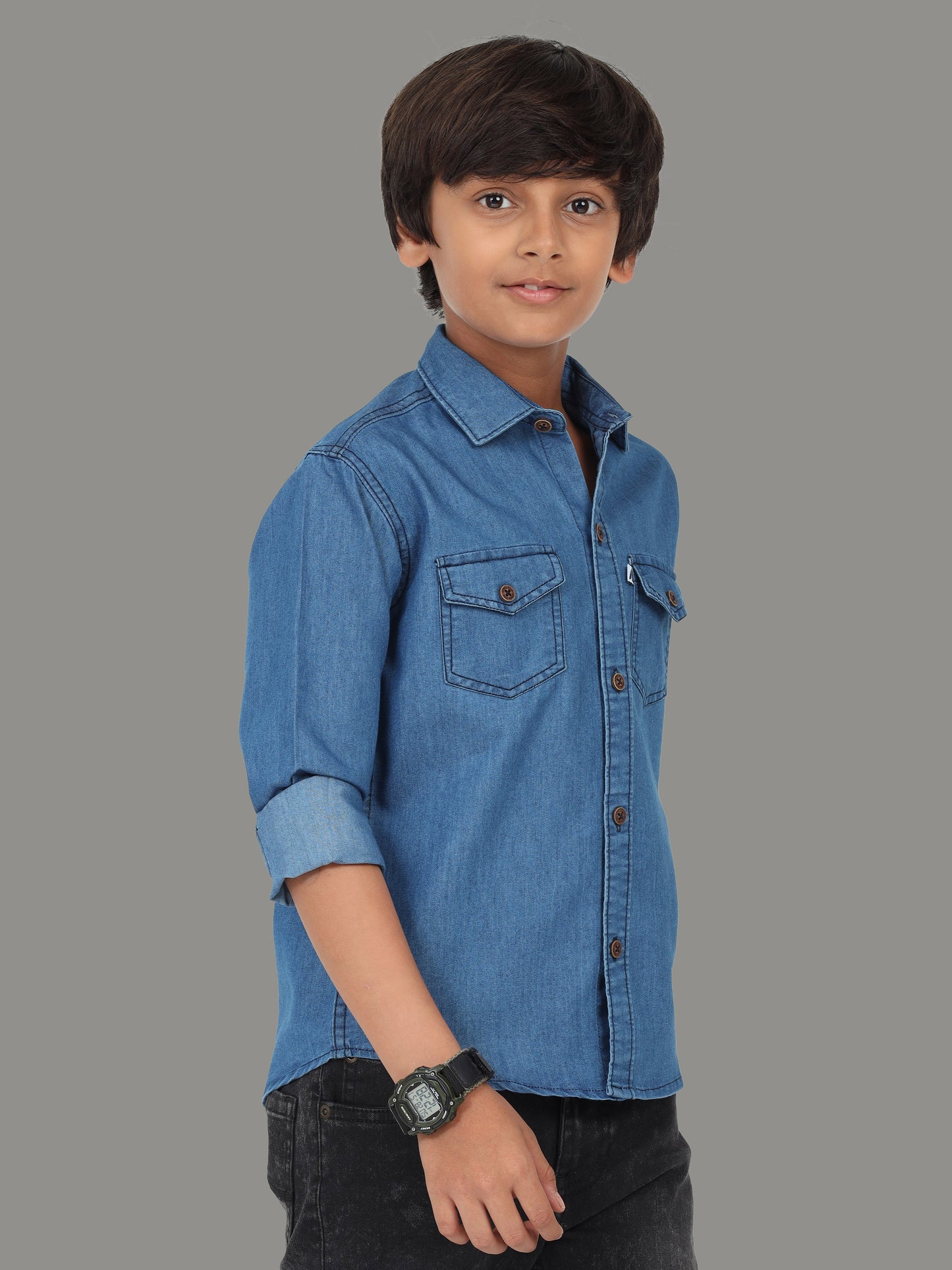 Mid Blue Double Pocket Cut Away Collor Denim New Style Shirt Boy