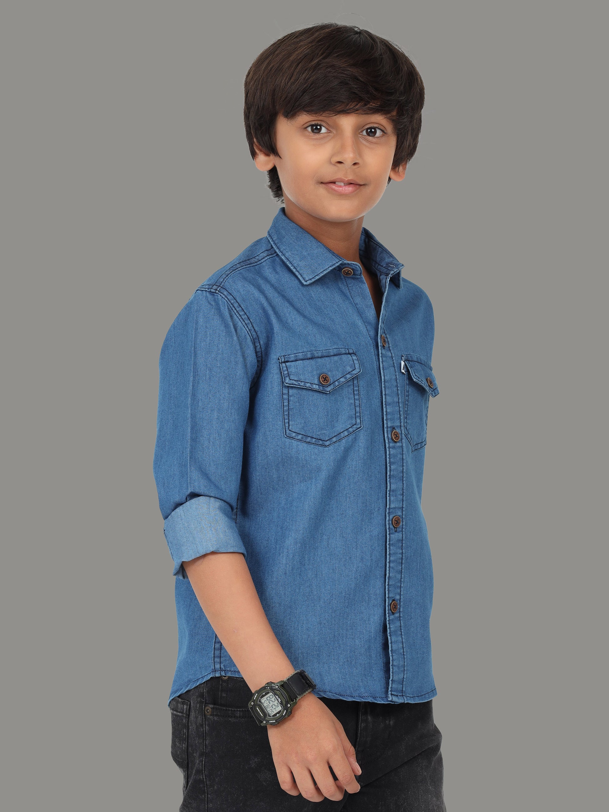 Mid Blue Double Pocket Cut Away Collor Denim New Style Shirt Boy