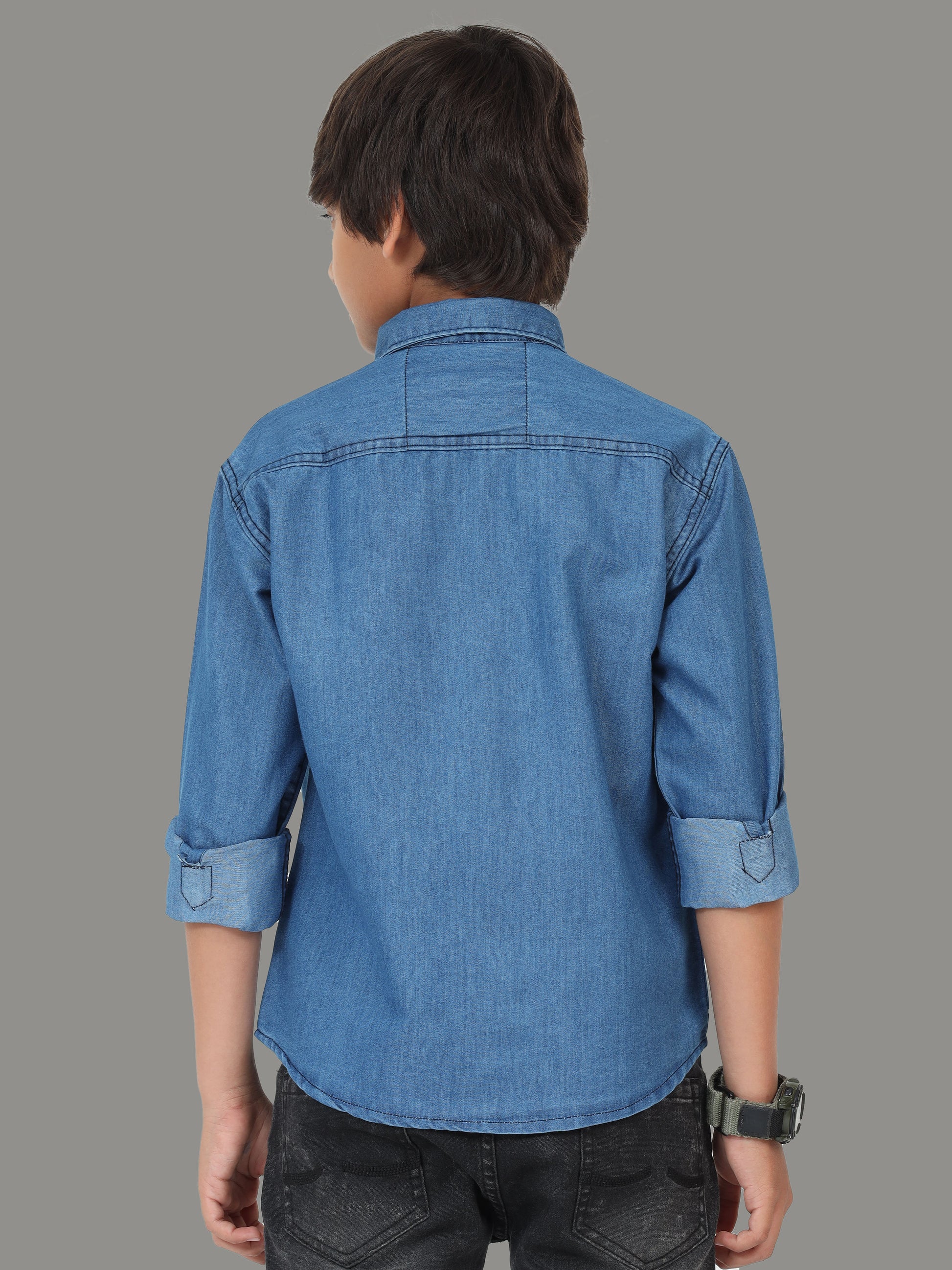 Mid Blue Double Pocket Cut Away Collor Denim New Style Shirt Boy