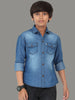 Mid Shade Double Pocket Cut Away Collor  Denim Shirt For Kids