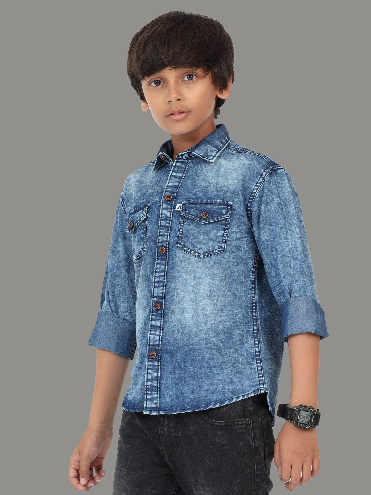 Heavy Washed Cut Away Collor Double Pocket Denim Half Shirt For Boys