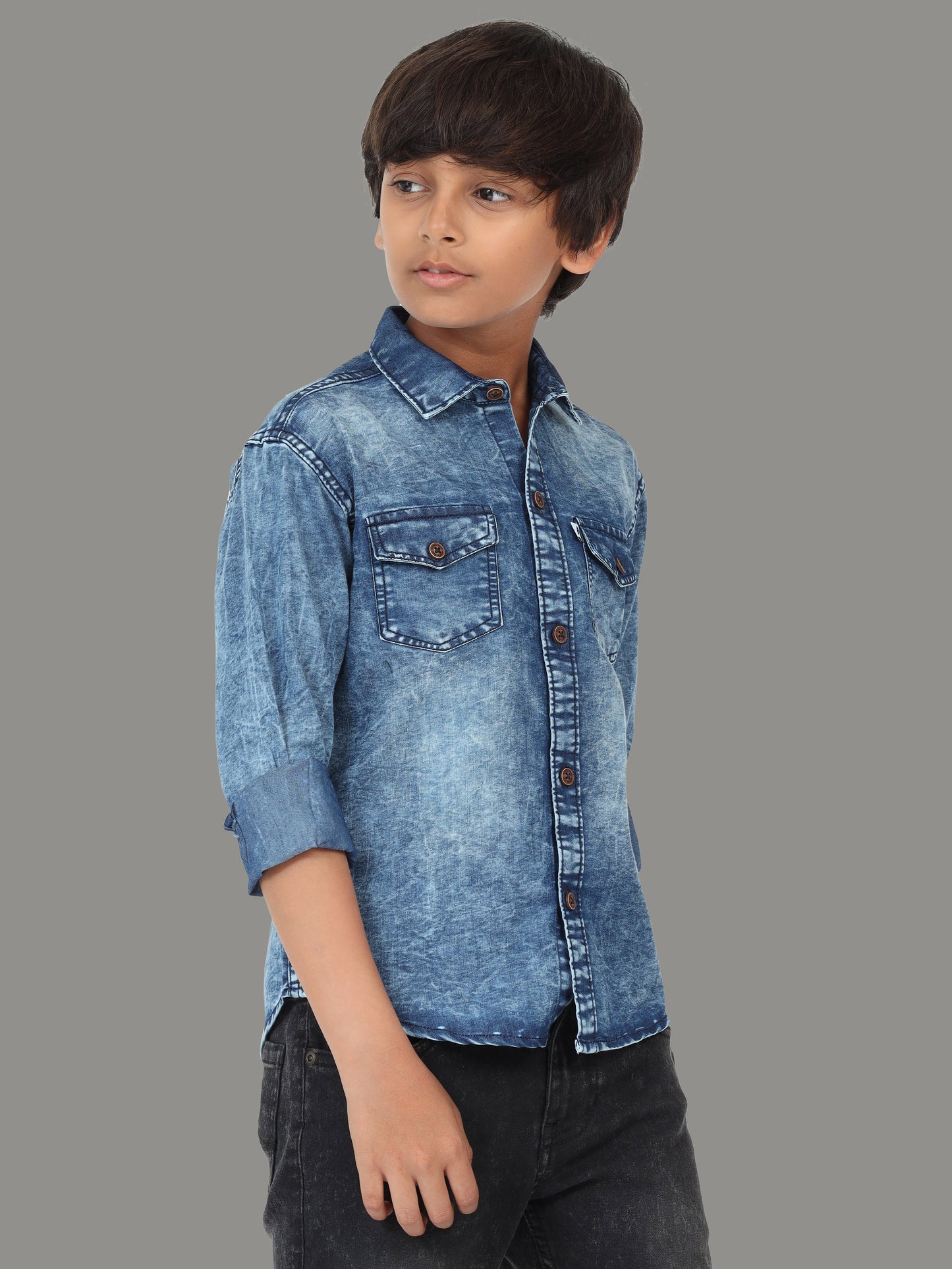 Heavy Washed Cut Away Collor Double Pocket Denim Half Shirt For Boys