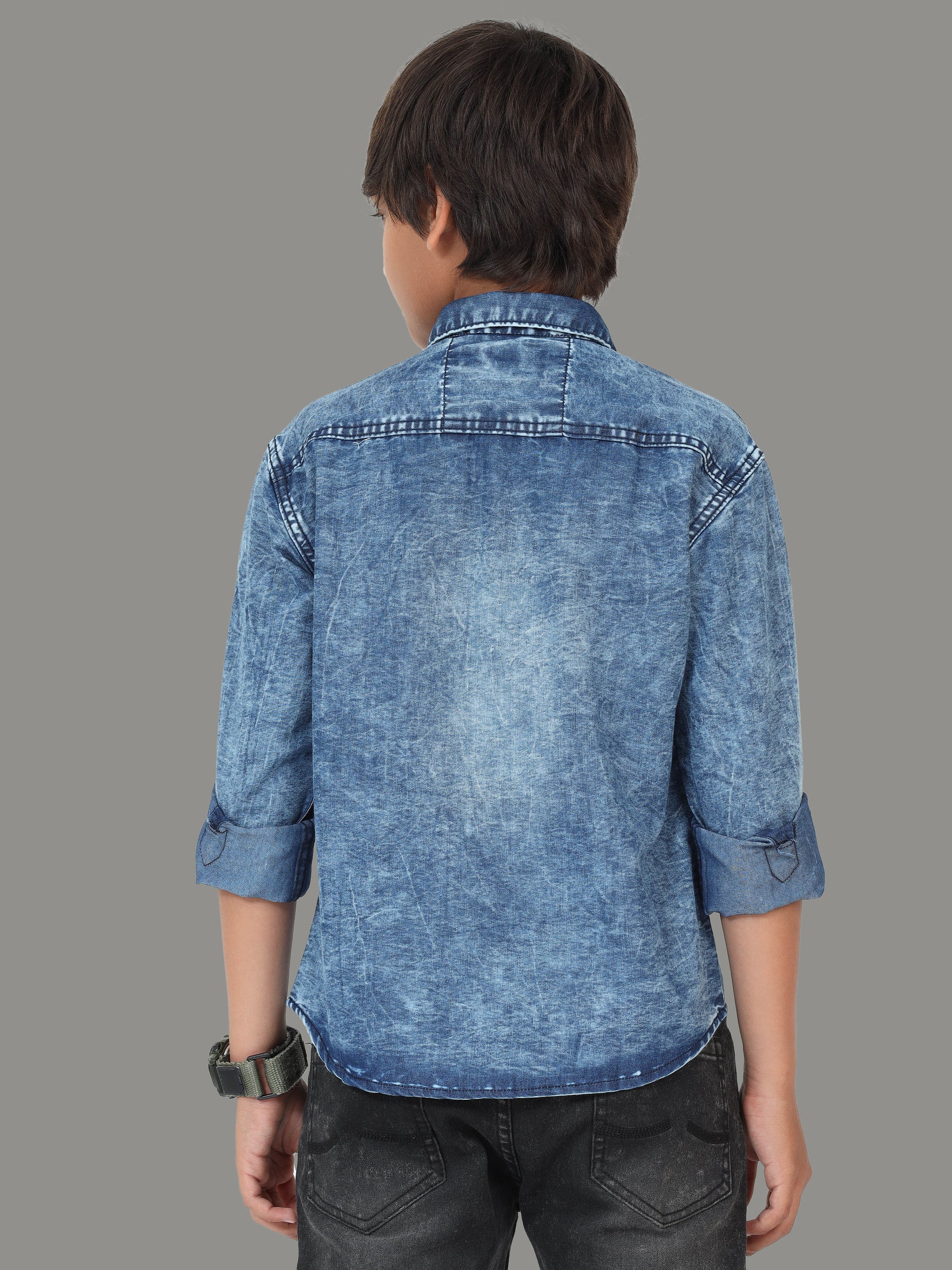 Heavy Washed Cut Away Collor Double Pocket Denim Half Shirt For Boys