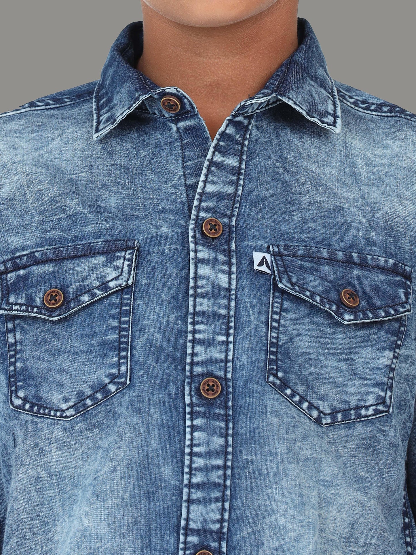 Heavy Washed Cut Away Collor Double Pocket Denim Half Shirt For Boys