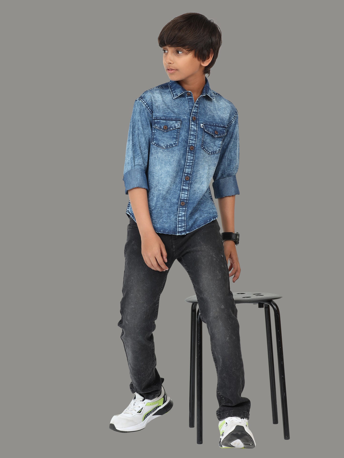 Heavy Washed Cut Away Collor Double Pocket Denim Half Shirt For Boys