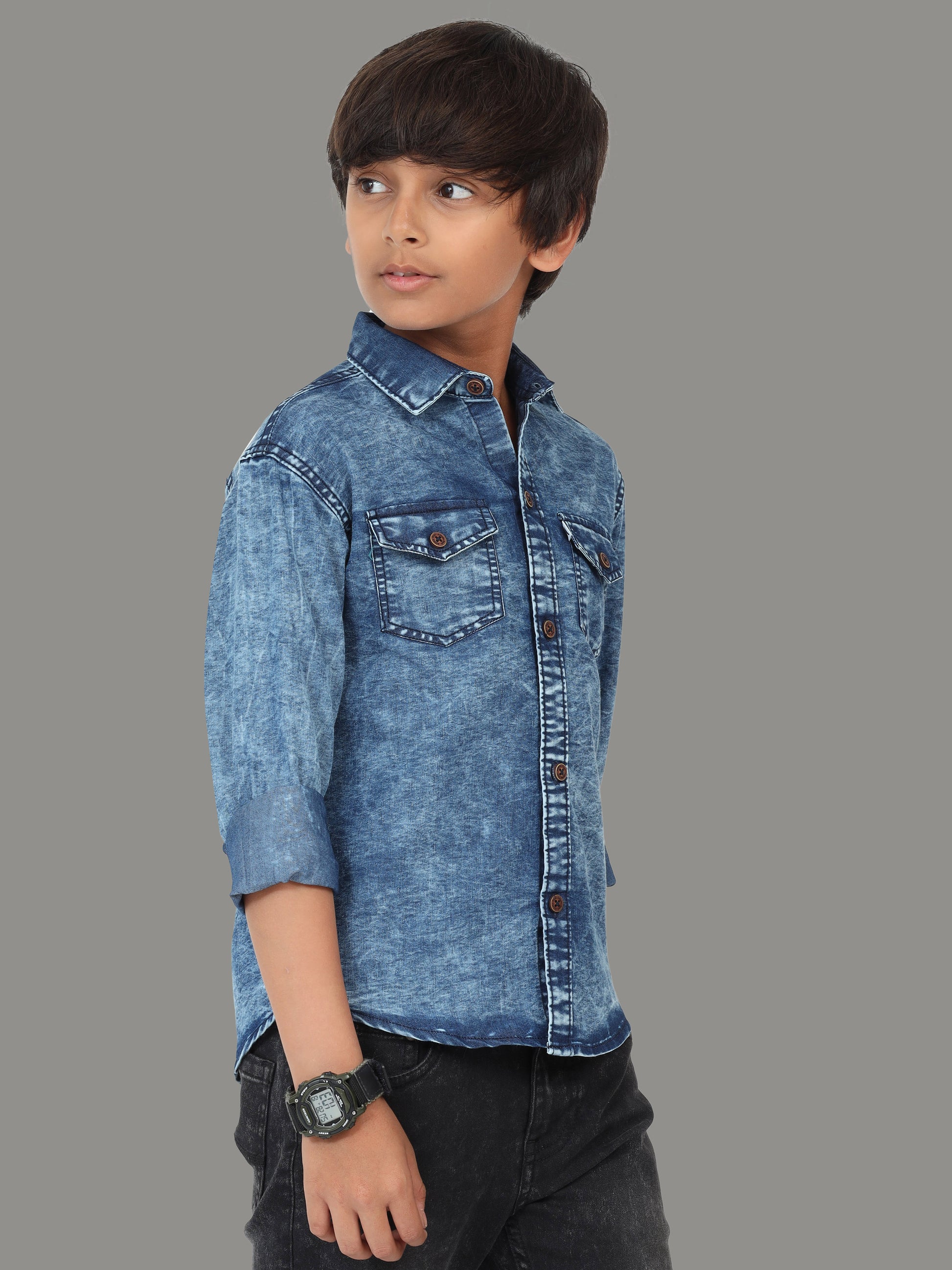 Cloud Wash Blue Double Pocket  Cut Away Collor Denim Long Shirts for Kidsâ€‹
