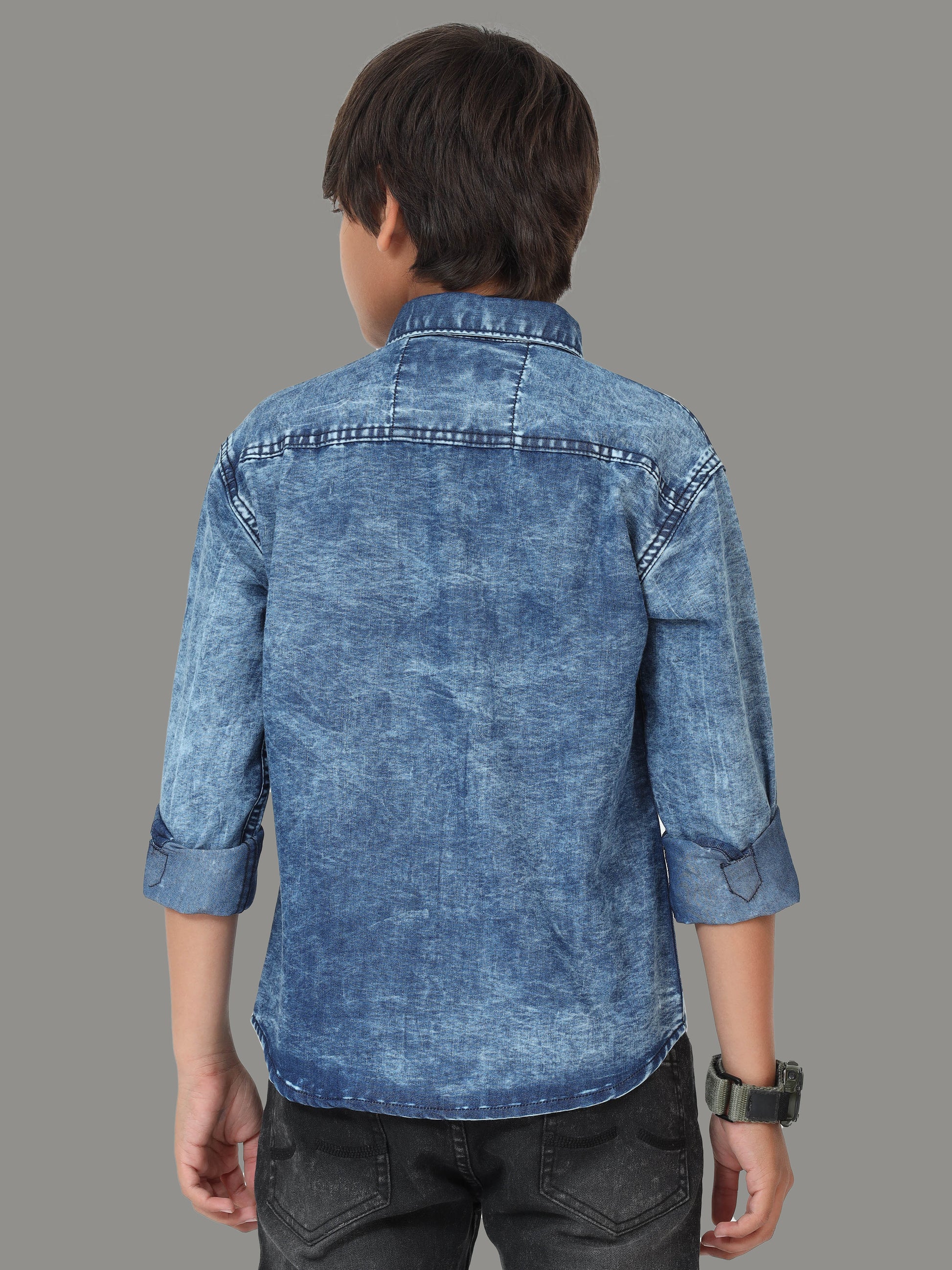 Cloud Wash Blue Double Pocket  Cut Away Collor Denim Long Shirts for Kidsâ€‹