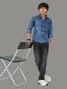 Blue Cloud Wash Single Pocket Cut Away Collor Denim Shirt For Kids