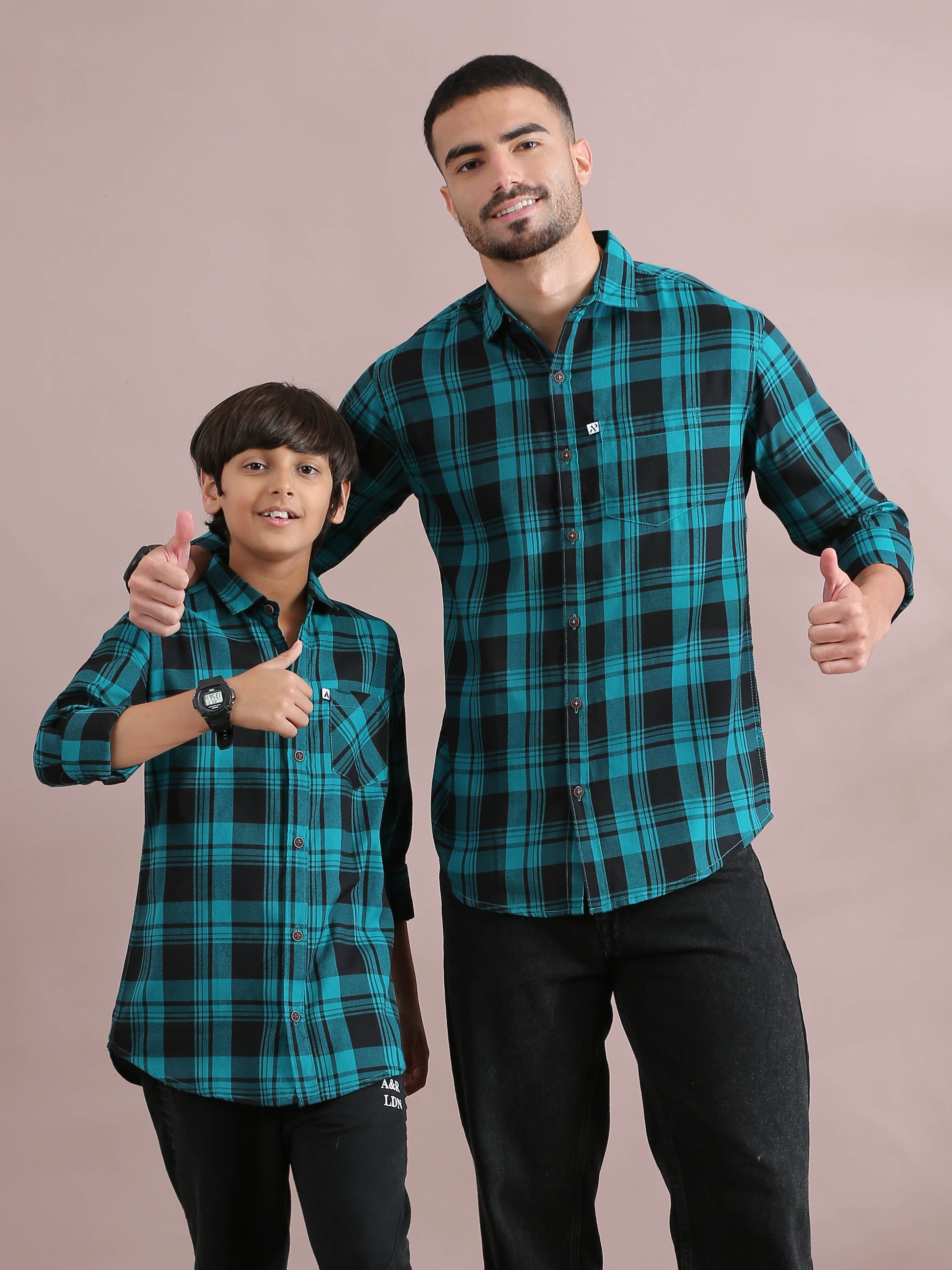  Wanted Blue Checked Dad And Son Dress Shirts Combo