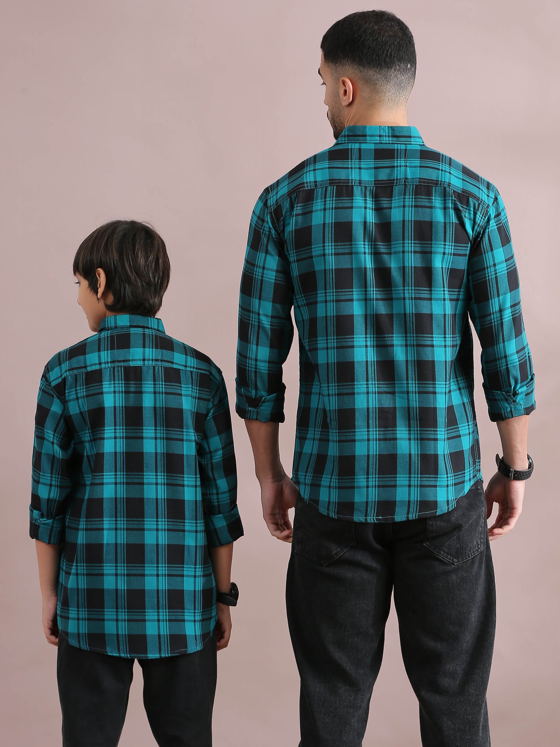  Wanted Blue Checked Dad And Son Dress Shirts Combo