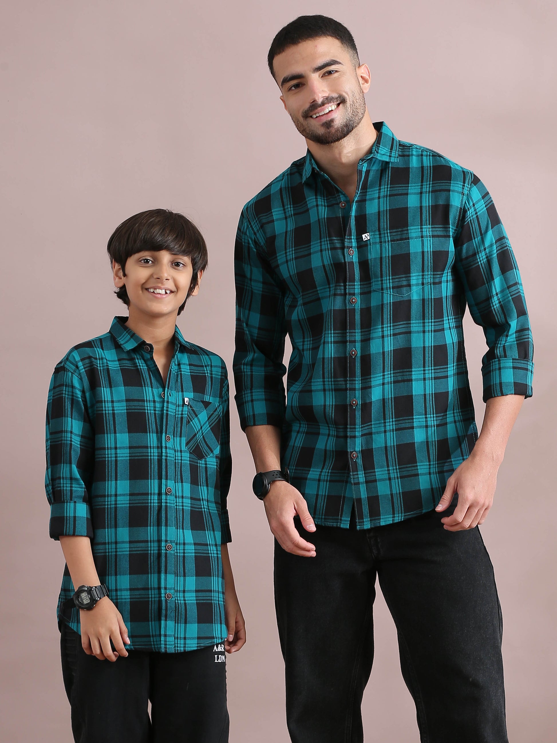  Wanted Blue Checked Dad And Son Dress Shirts Combo