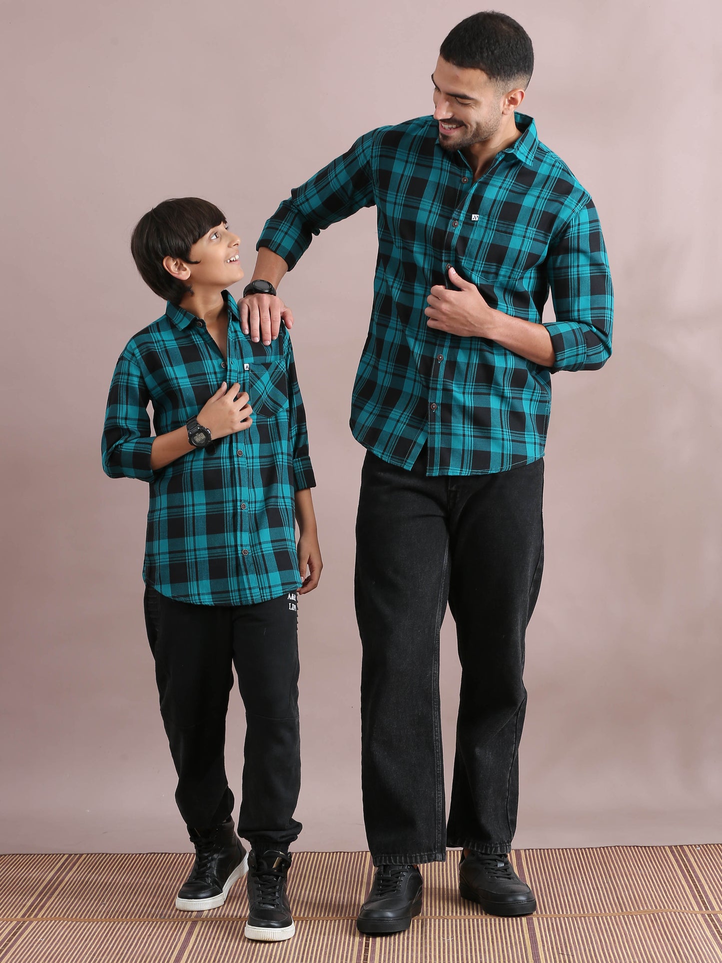  Wanted Blue Checked Dad And Son Dress Shirts Combo