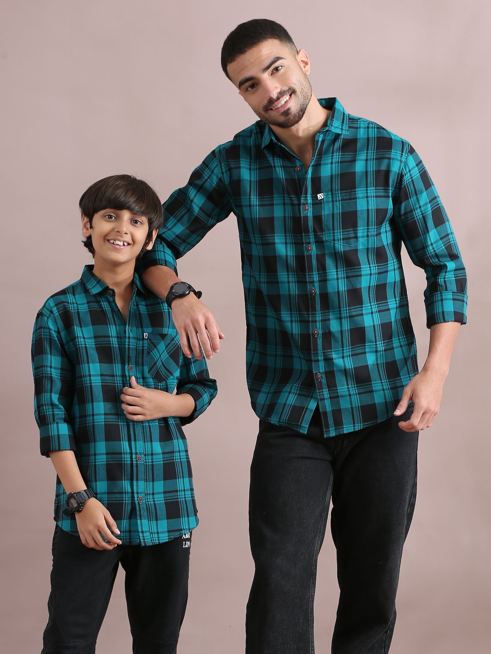  Wanted Blue Checked Dad And Son Dress Shirts Combo